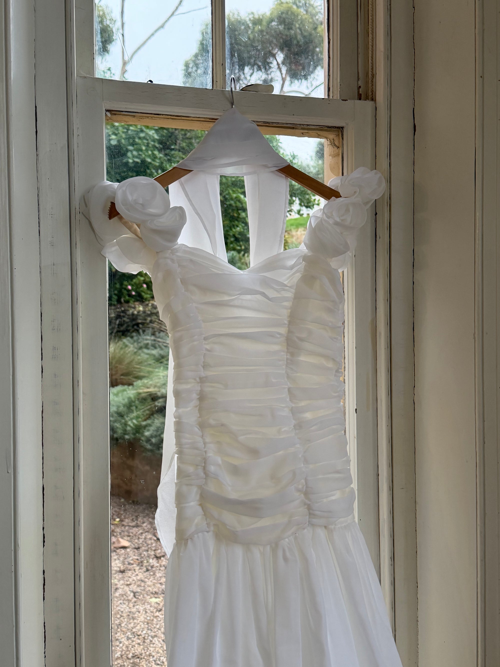 Vintage 90s Chiffon Rosette Off-Shoulder Drop Waist Wedding Dress