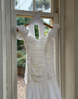 Vintage 90s Chiffon Rosette Off-Shoulder Drop Waist Wedding Dress