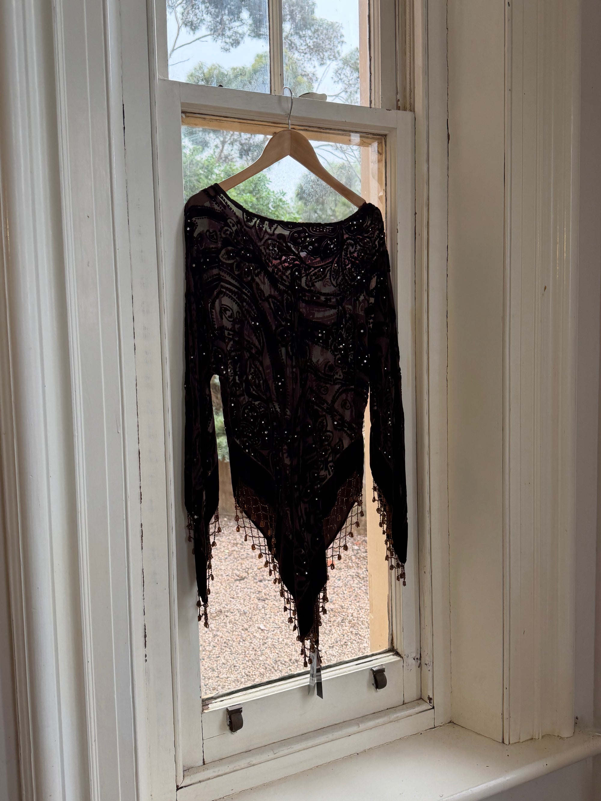 Vintage Y2K Brown Burnt Velvet Beaded Tassel Top