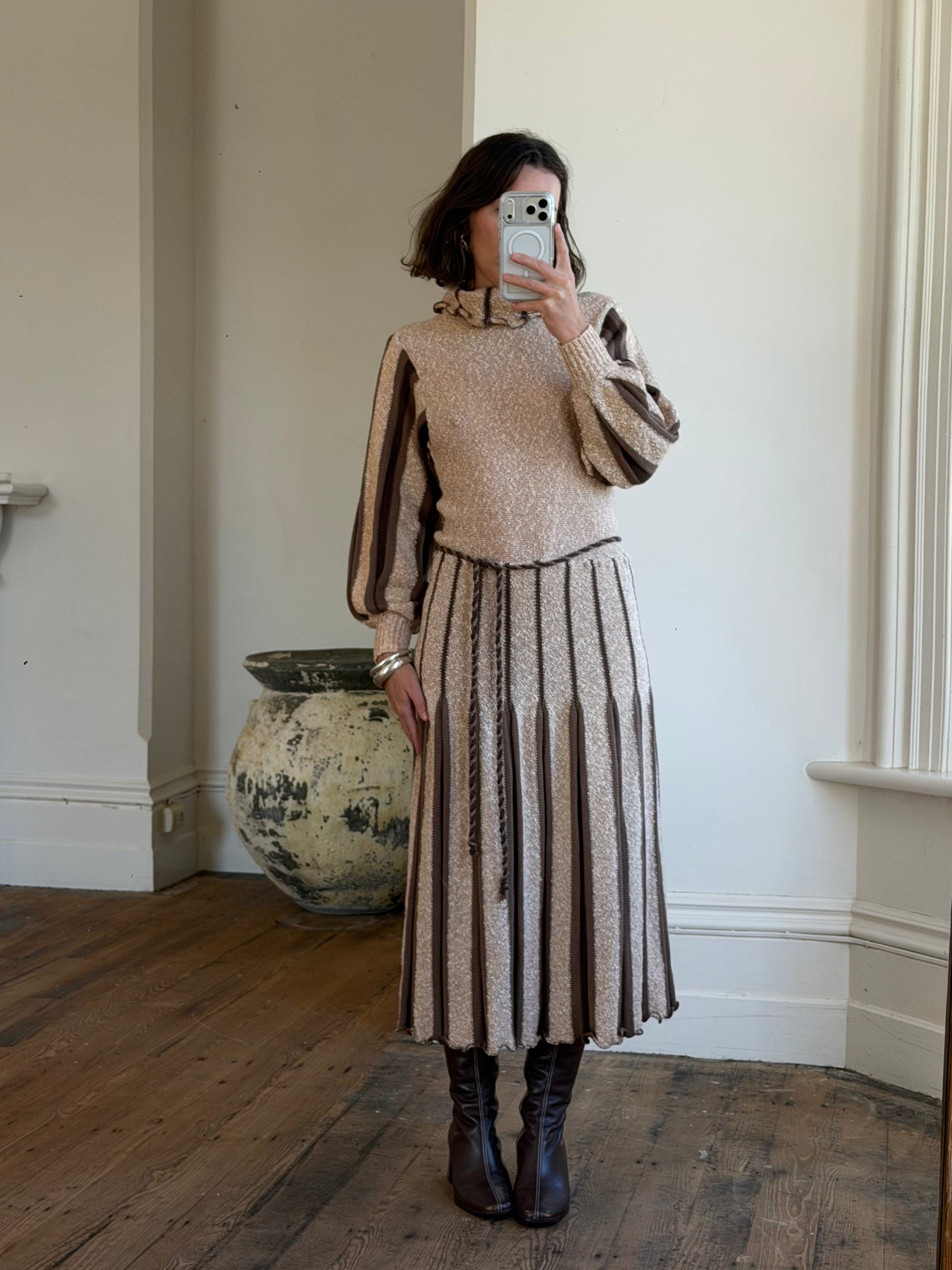 Vintage 70s Wool Blend Knit Dress Latte Brown