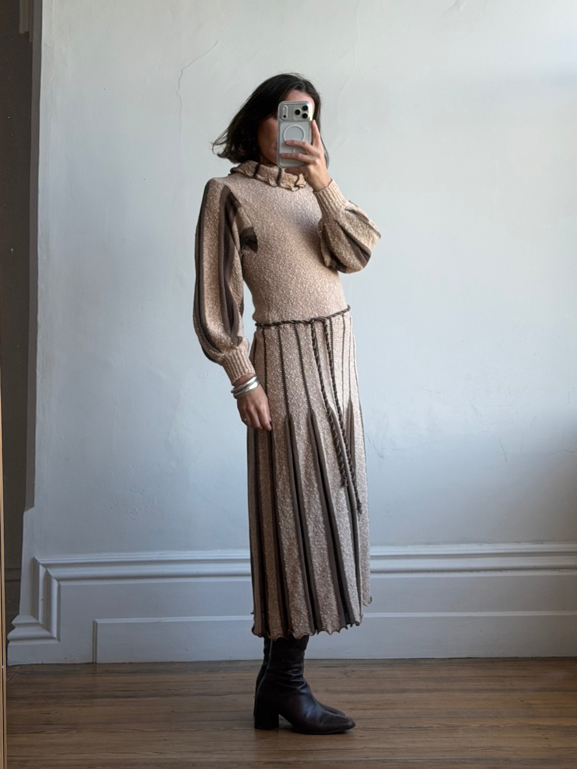 Vintage 70s Wool Blend Knit Dress Latte Brown