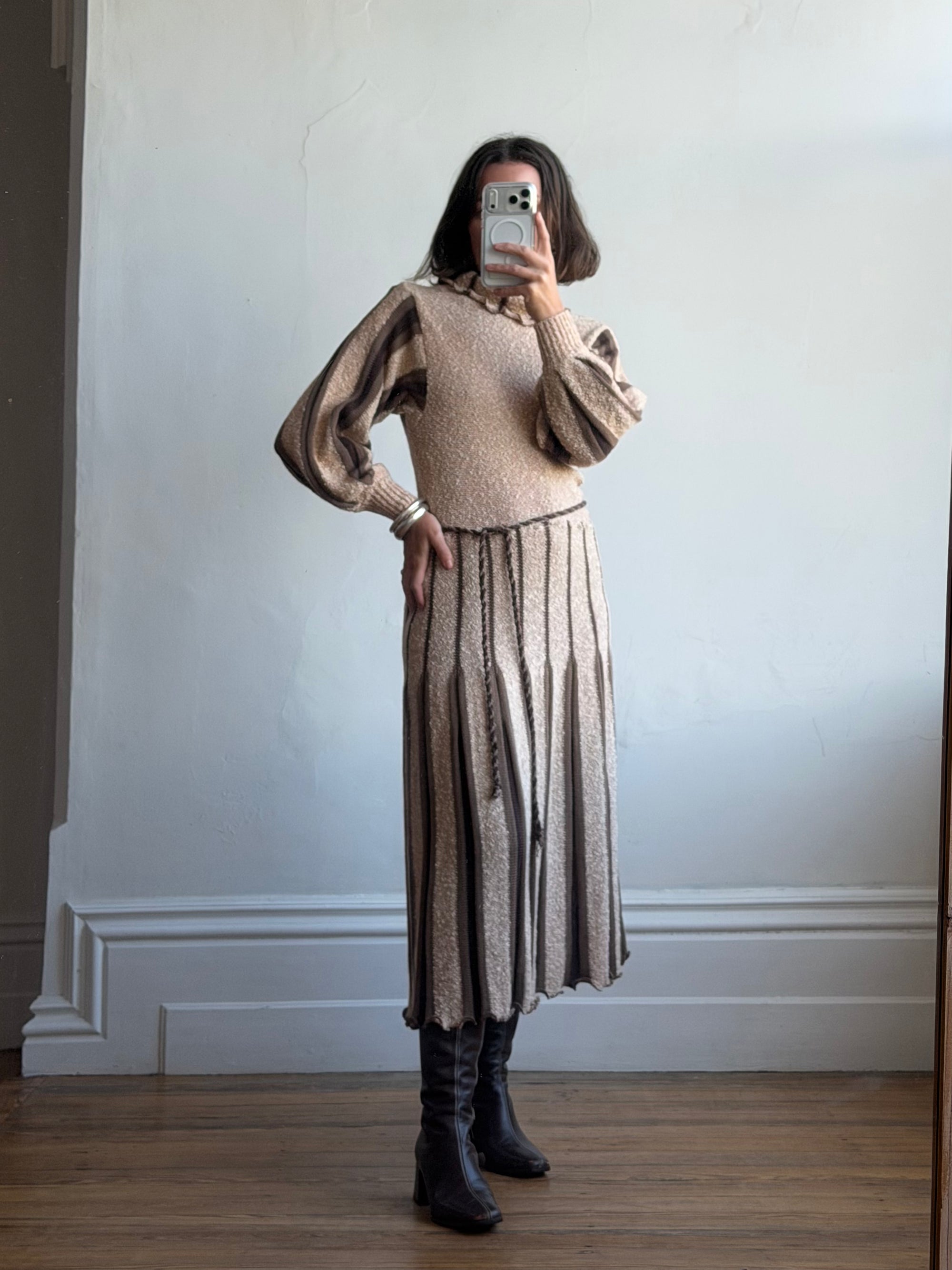 Vintage 70s Wool Blend Knit Dress Latte Brown