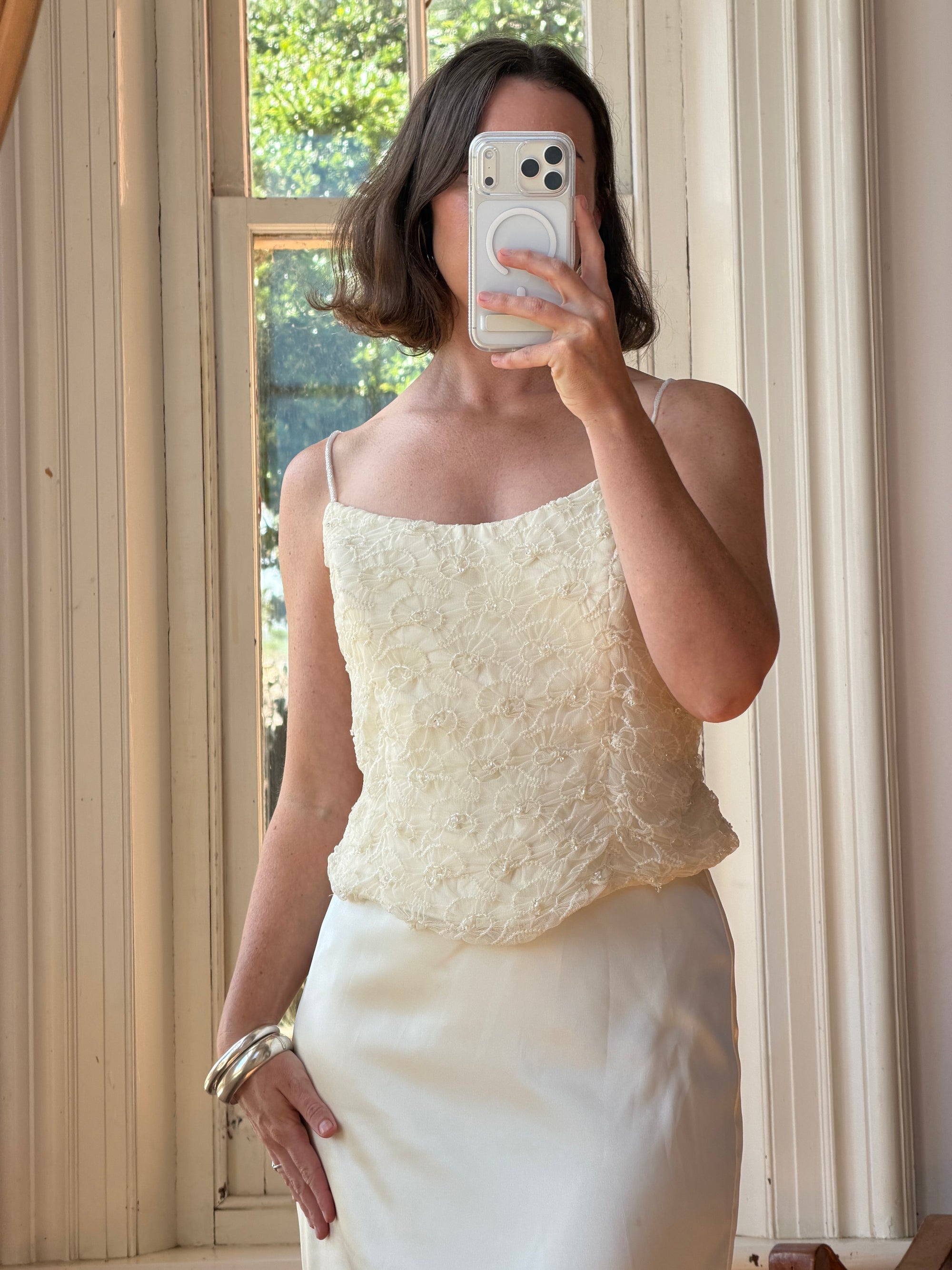 Vintage 90s Italian Daisy Beaded Silk Satin Bridal Set
