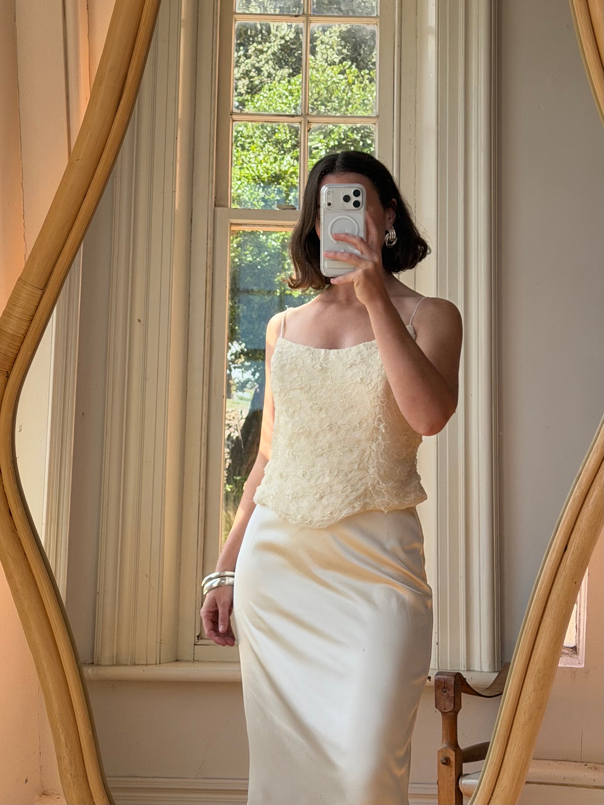 Vintage 90s Italian Daisy Beaded Silk Satin Bridal Set