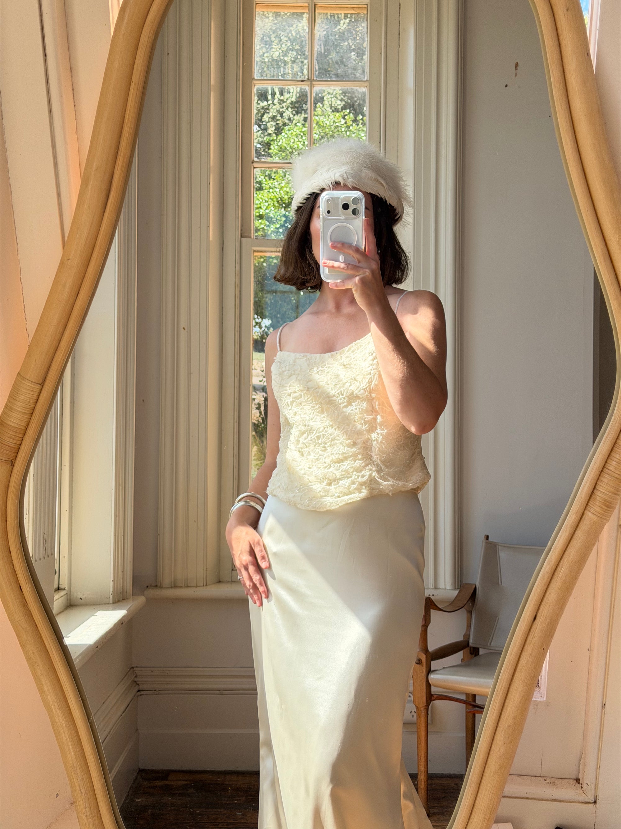 Vintage 90s Italian Daisy Beaded Silk Satin Bridal Set