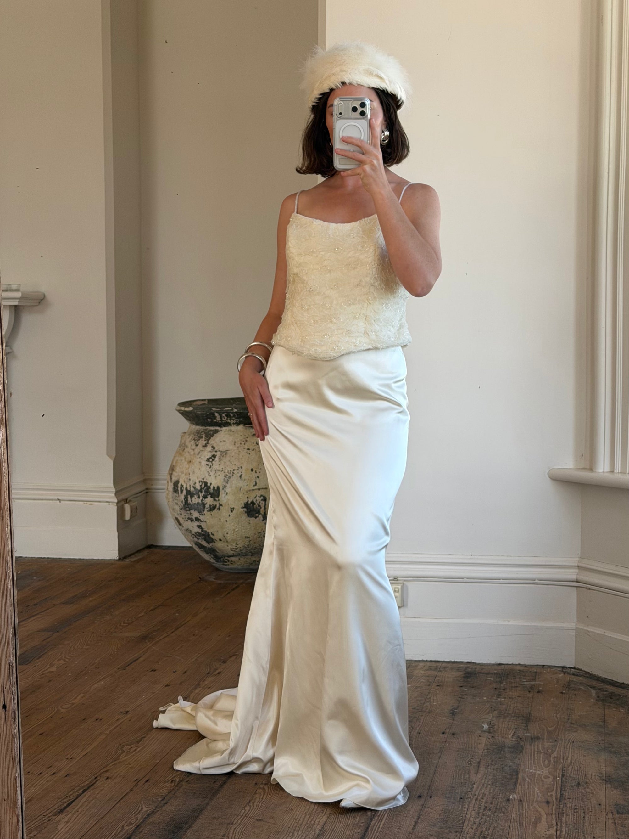 Vintage 90s Italian Daisy Beaded Silk Satin Bridal Set