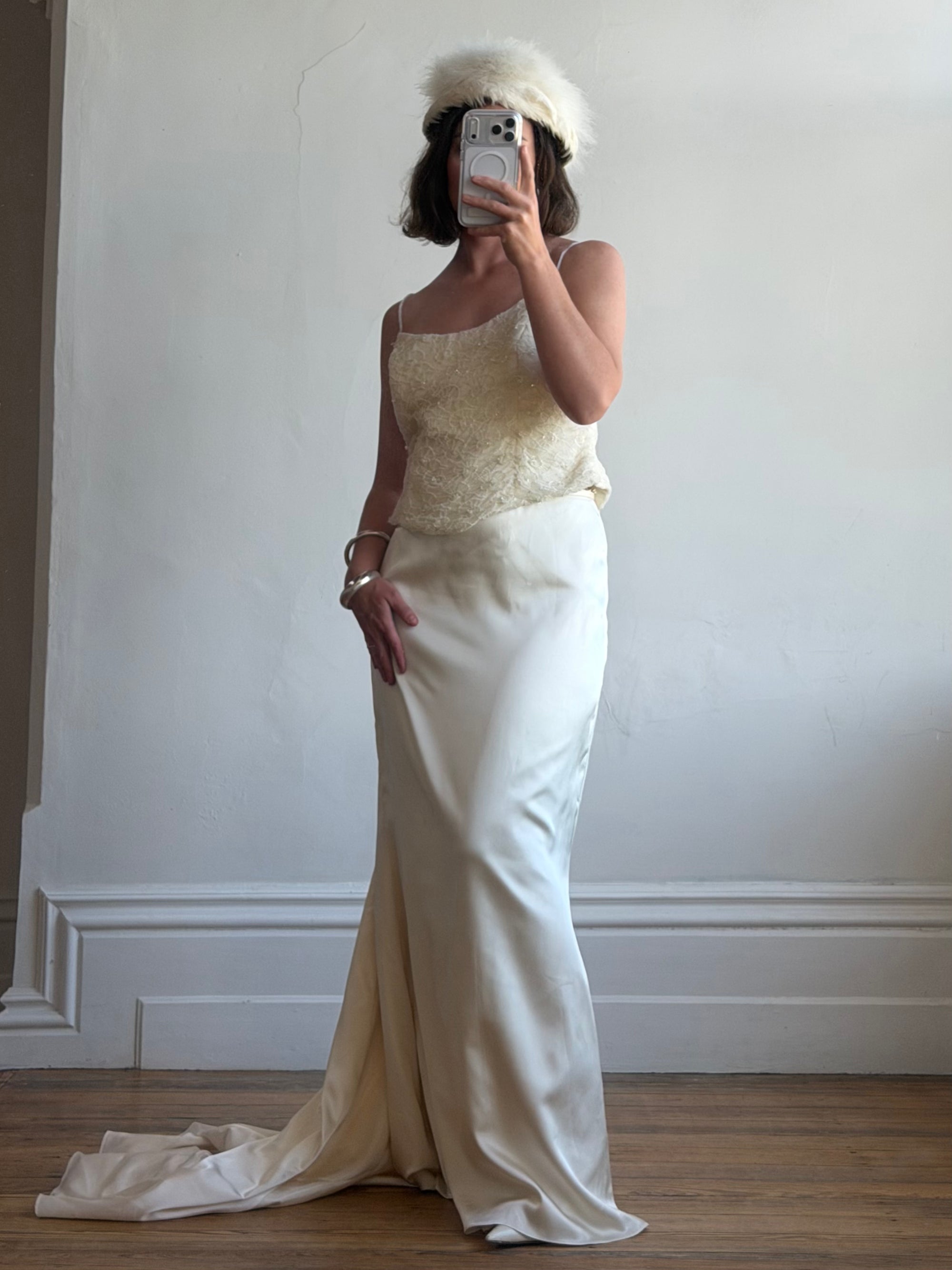 Vintage 90s Italian Daisy Beaded Silk Satin Bridal Set