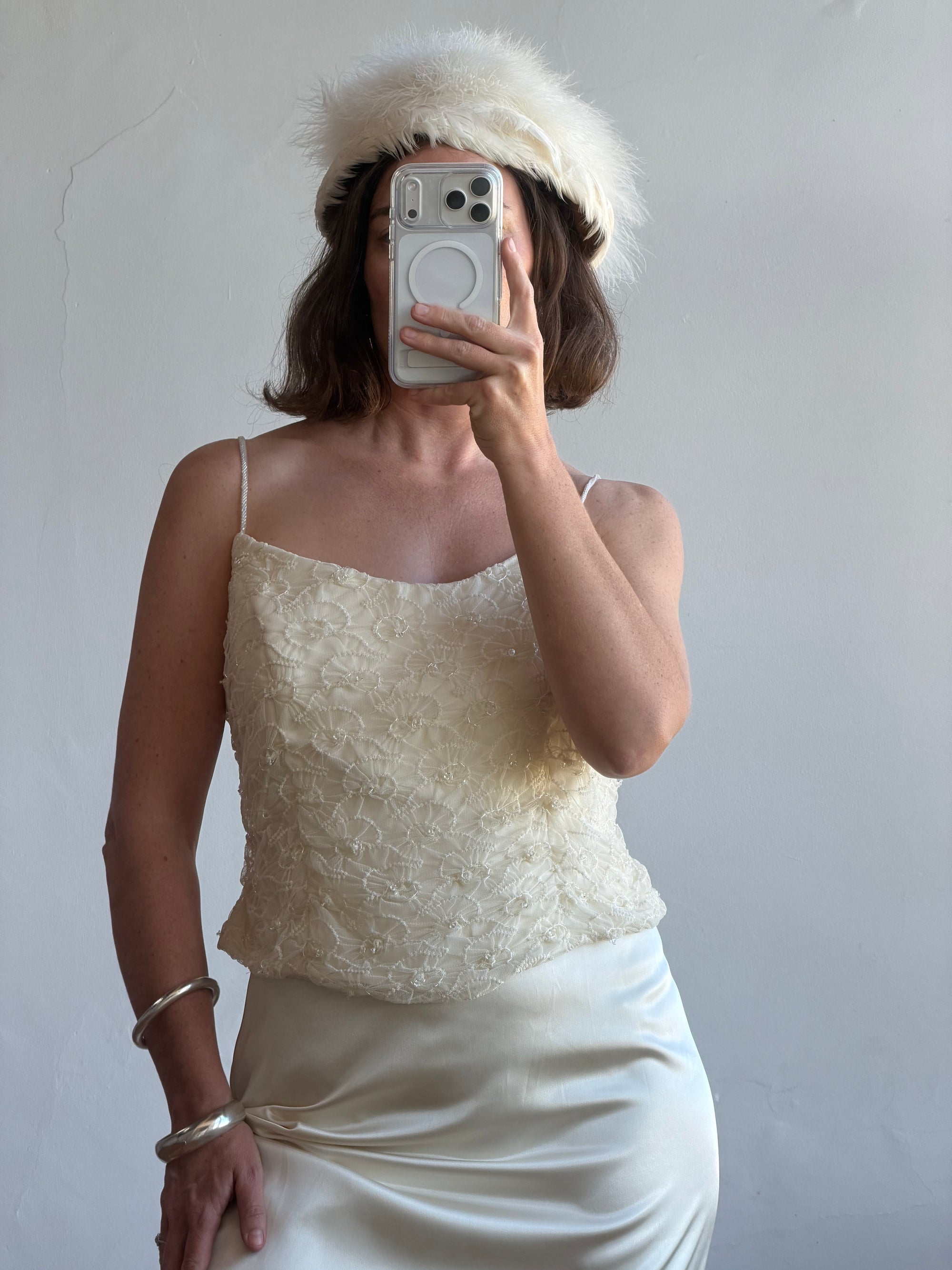 Vintage 90s Italian Daisy Beaded Silk Satin Bridal Set