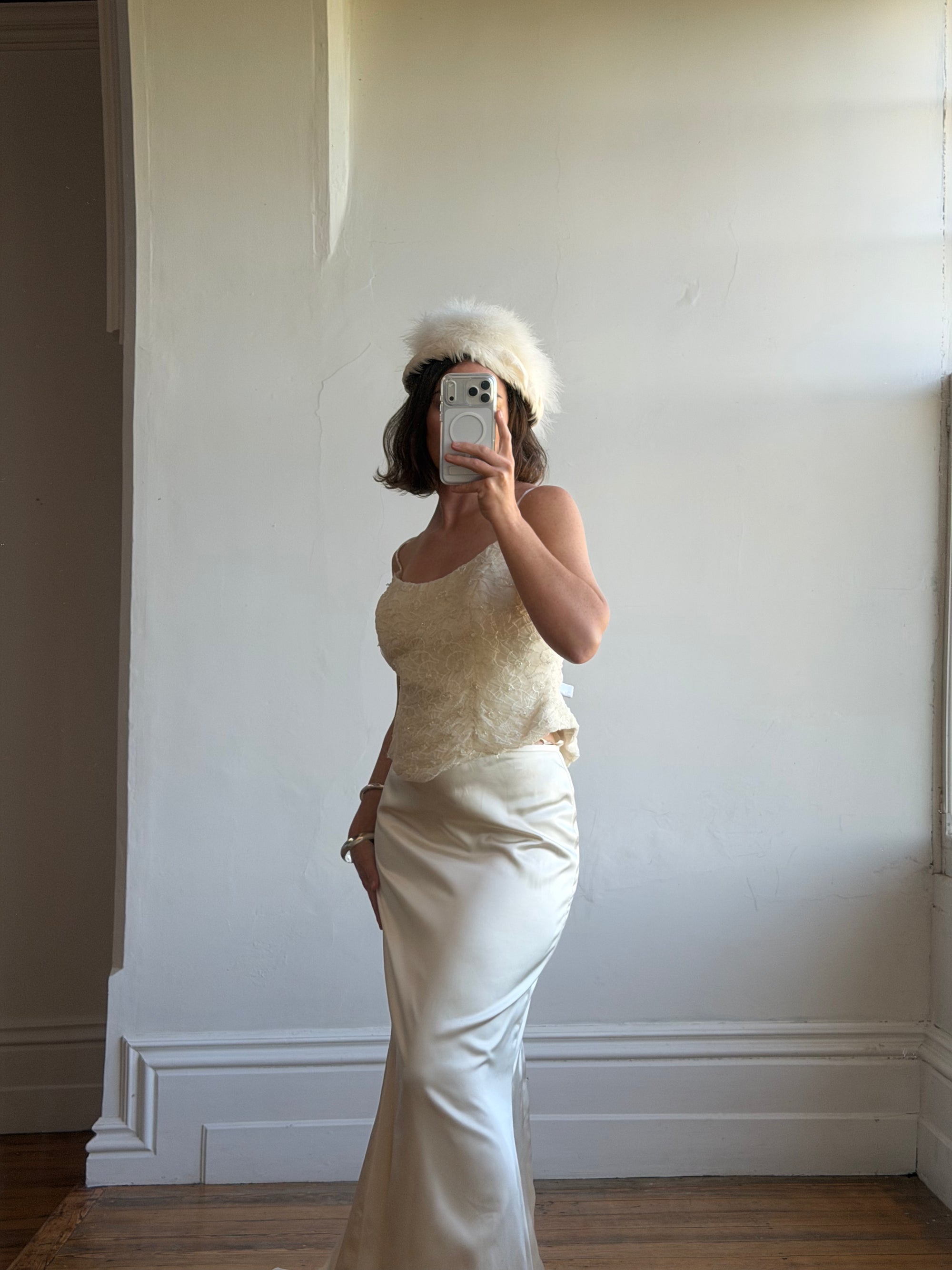 Vintage 90s Italian Daisy Beaded Silk Satin Bridal Set