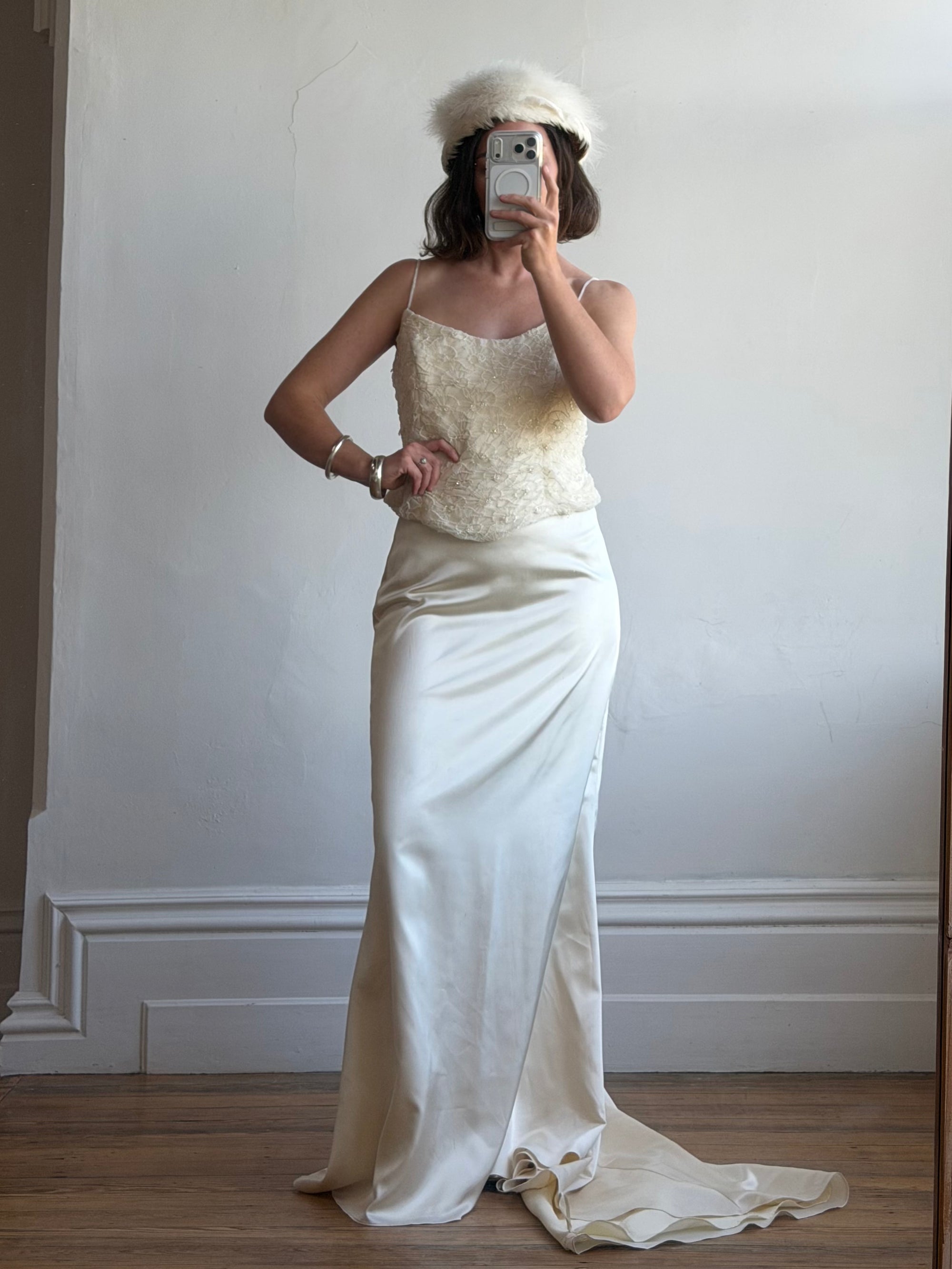 Vintage 90s Italian Daisy Beaded Silk Satin Bridal Set