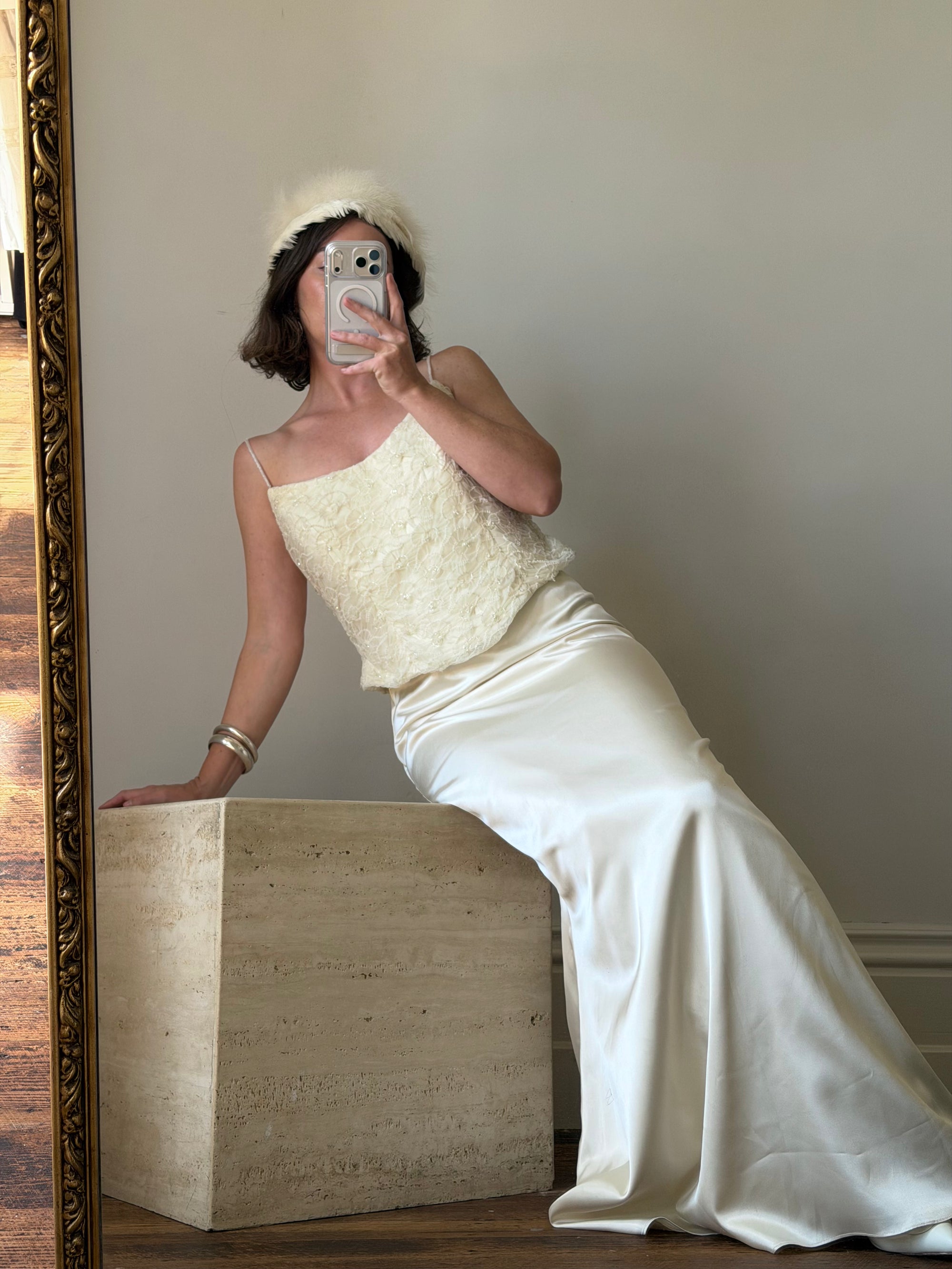 Vintage 90s Italian Daisy Beaded Silk Satin Bridal Set