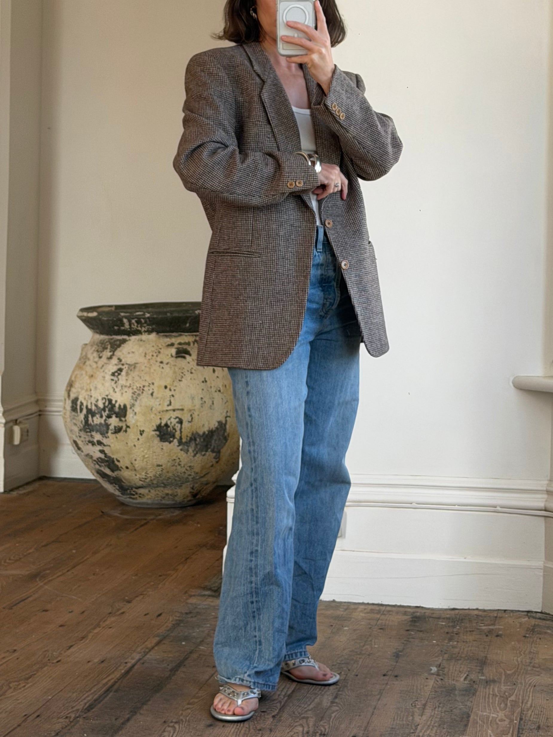 Vintage 60s Wool Mohair Herringbone Blazer Cool Brown