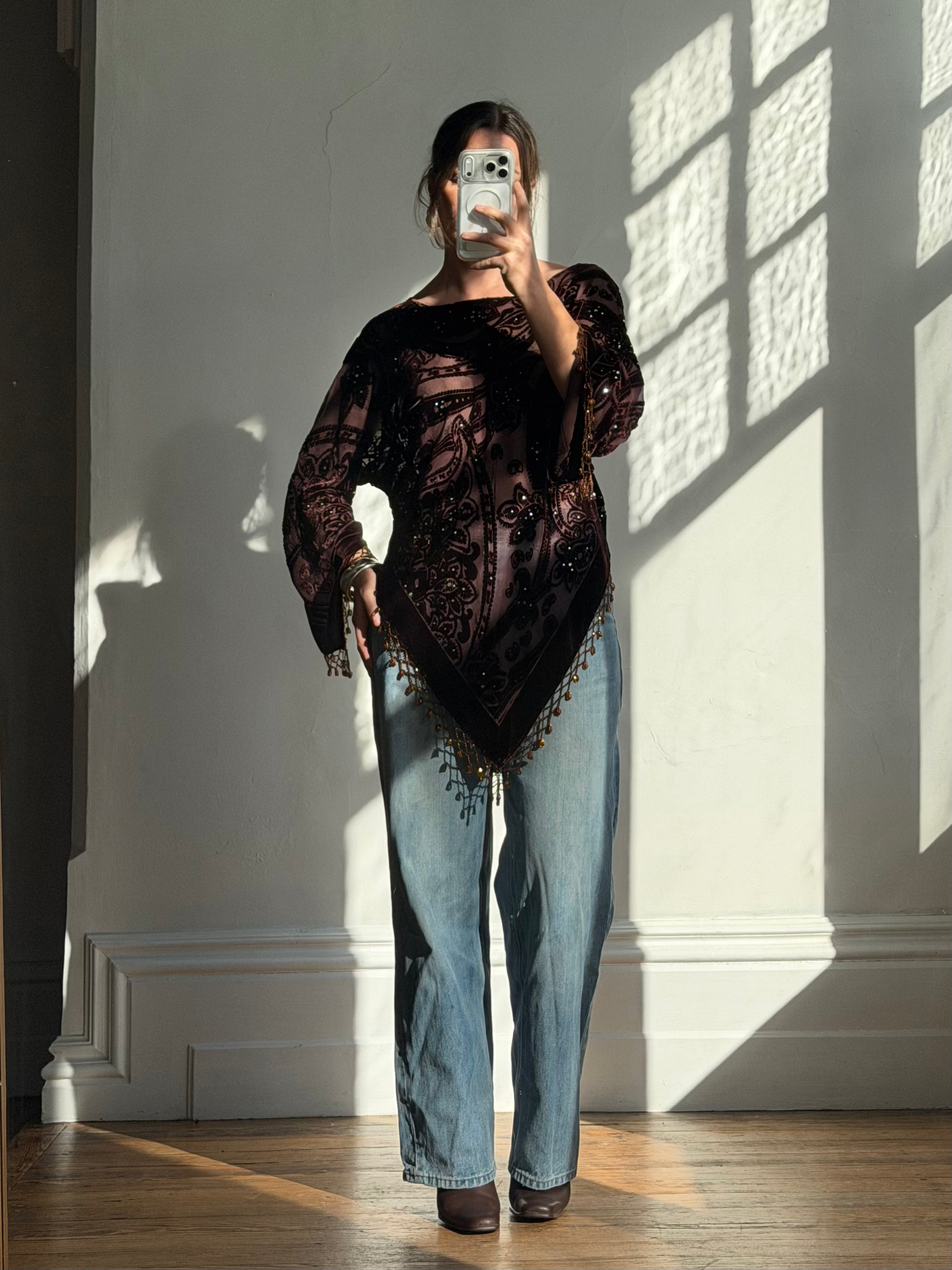 Vintage Y2K Brown Burnt Velvet Beaded Tassel Top