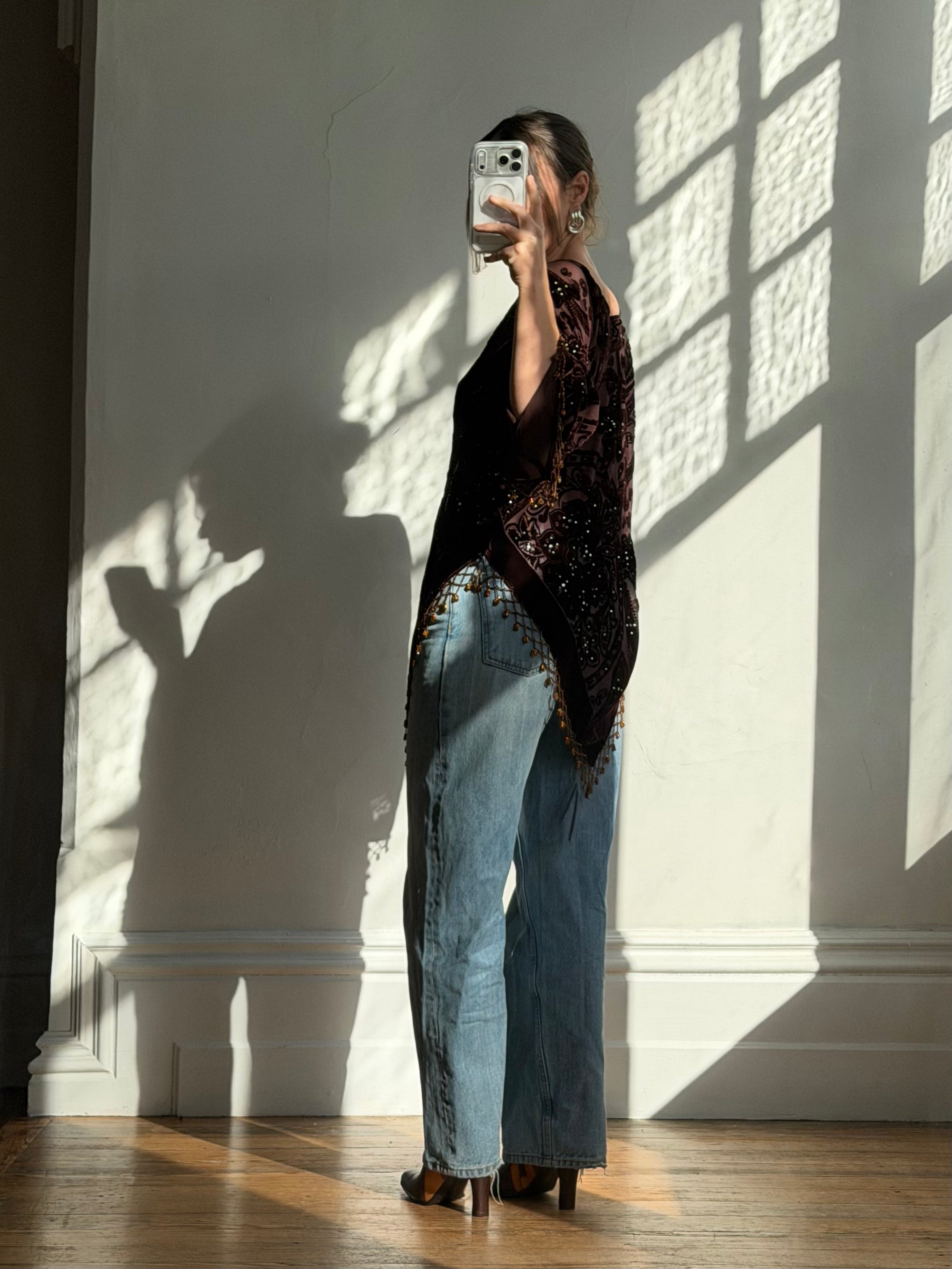 Vintage Y2K Brown Burnt Velvet Beaded Tassel Top