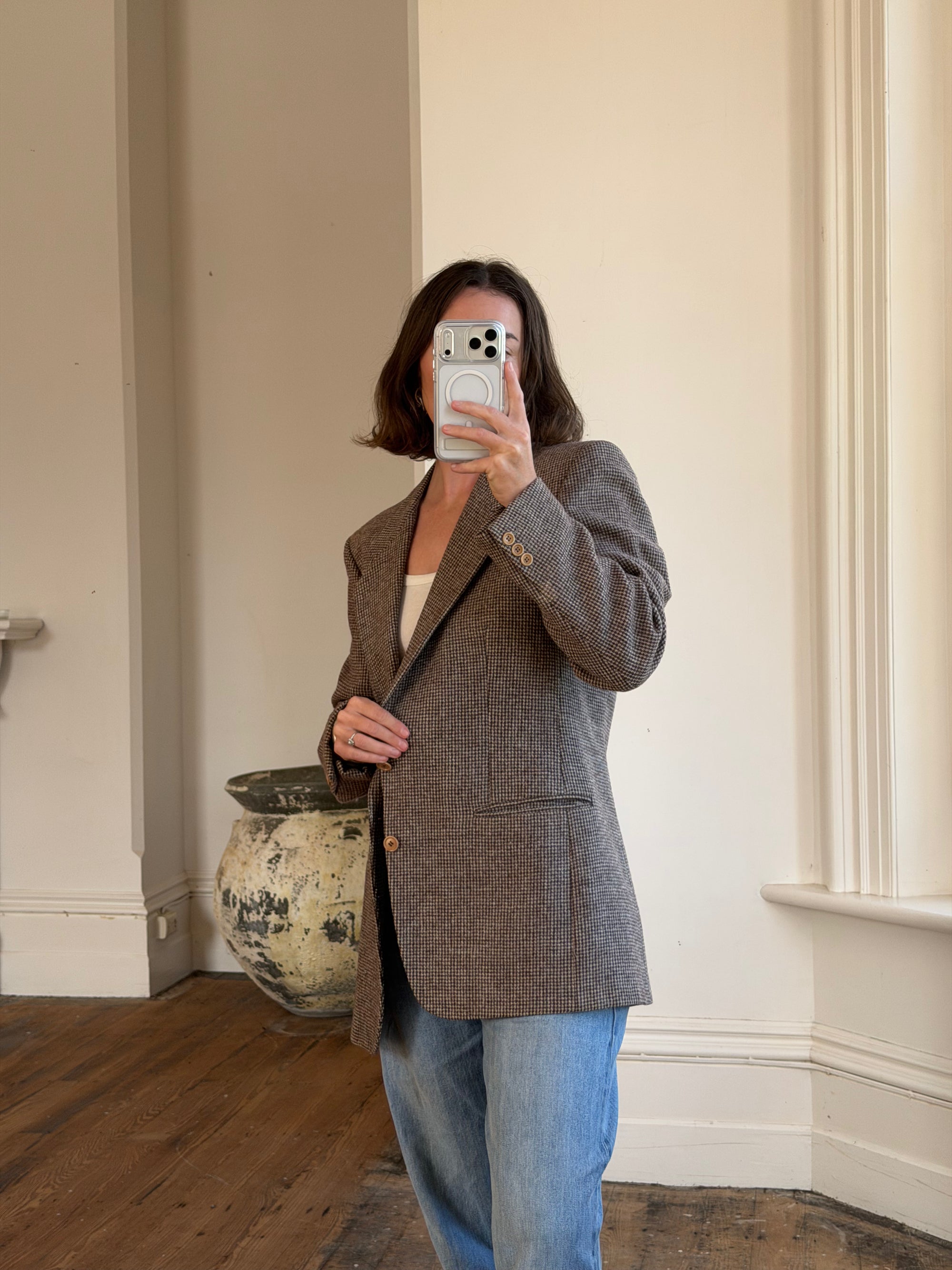 Vintage 60s Wool Mohair Herringbone Blazer Cool Brown