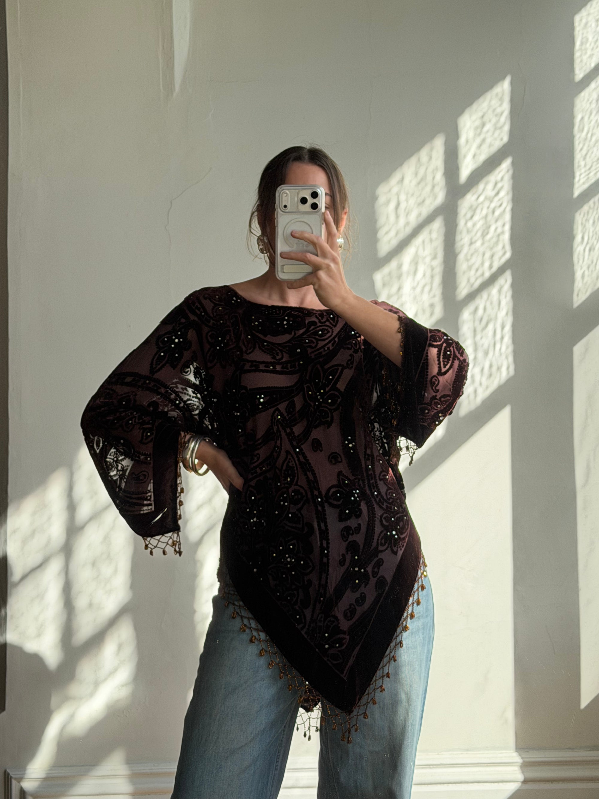 Vintage Y2K Brown Burnt Velvet Beaded Tassel Top