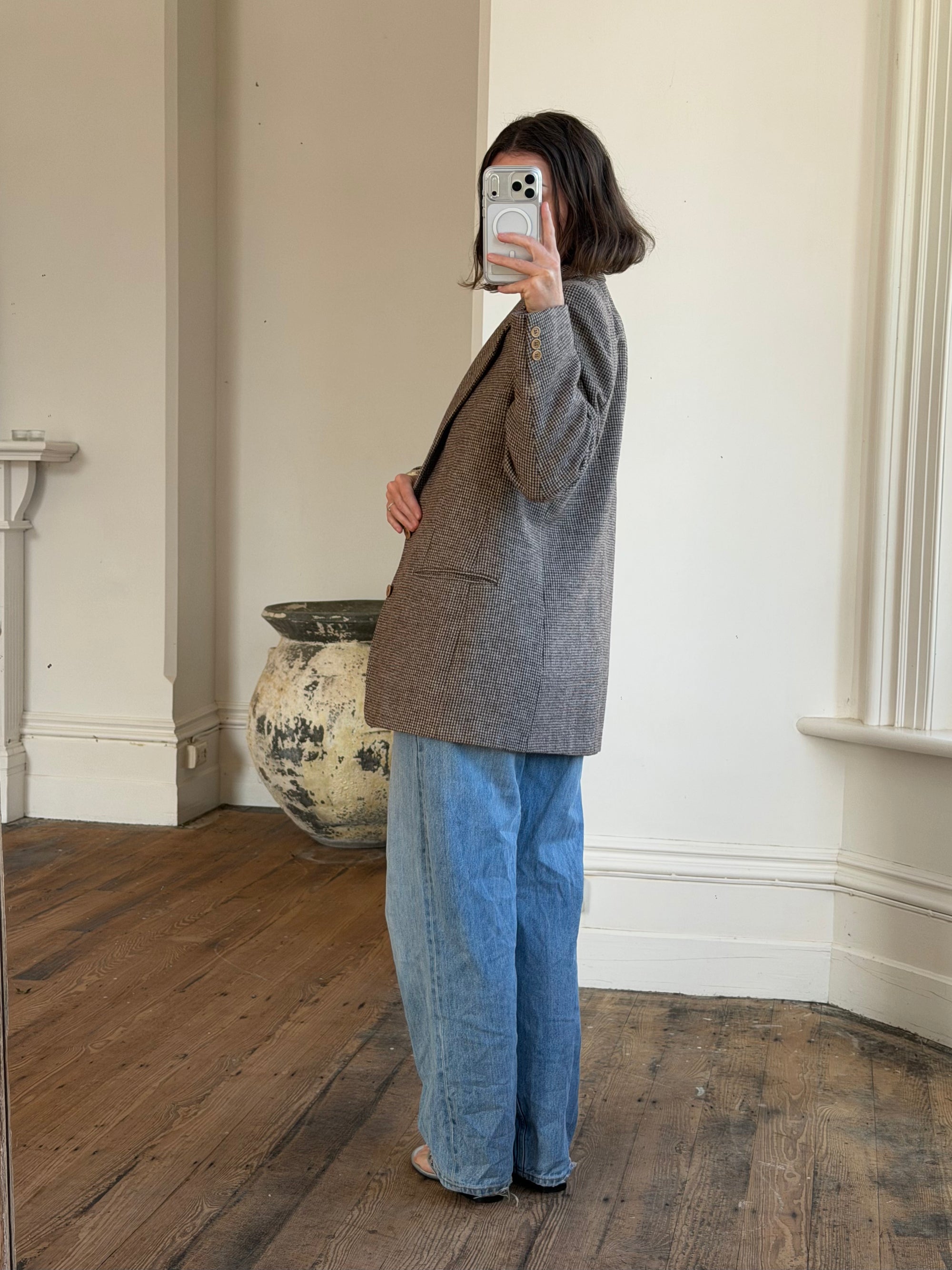 Vintage 60s Wool Mohair Herringbone Blazer Cool Brown