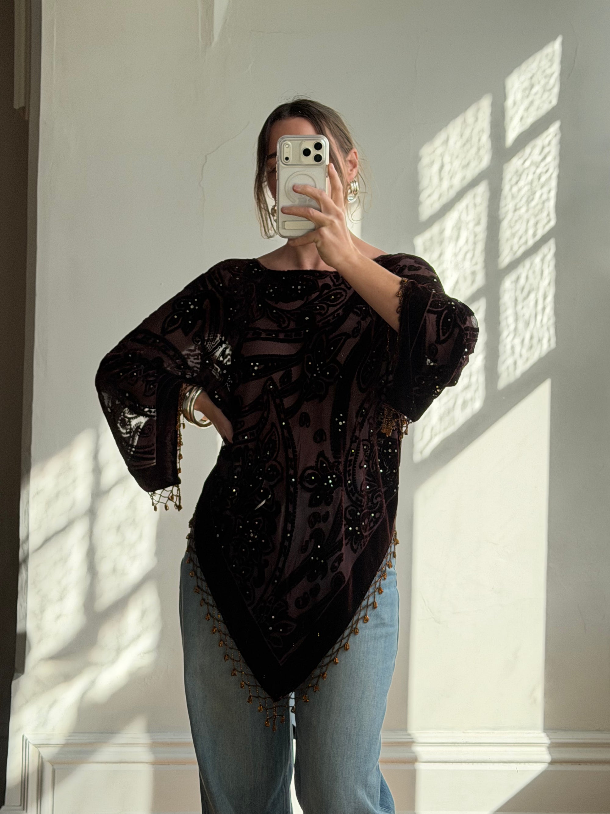 Vintage Y2K Brown Burnt Velvet Beaded Tassel Top