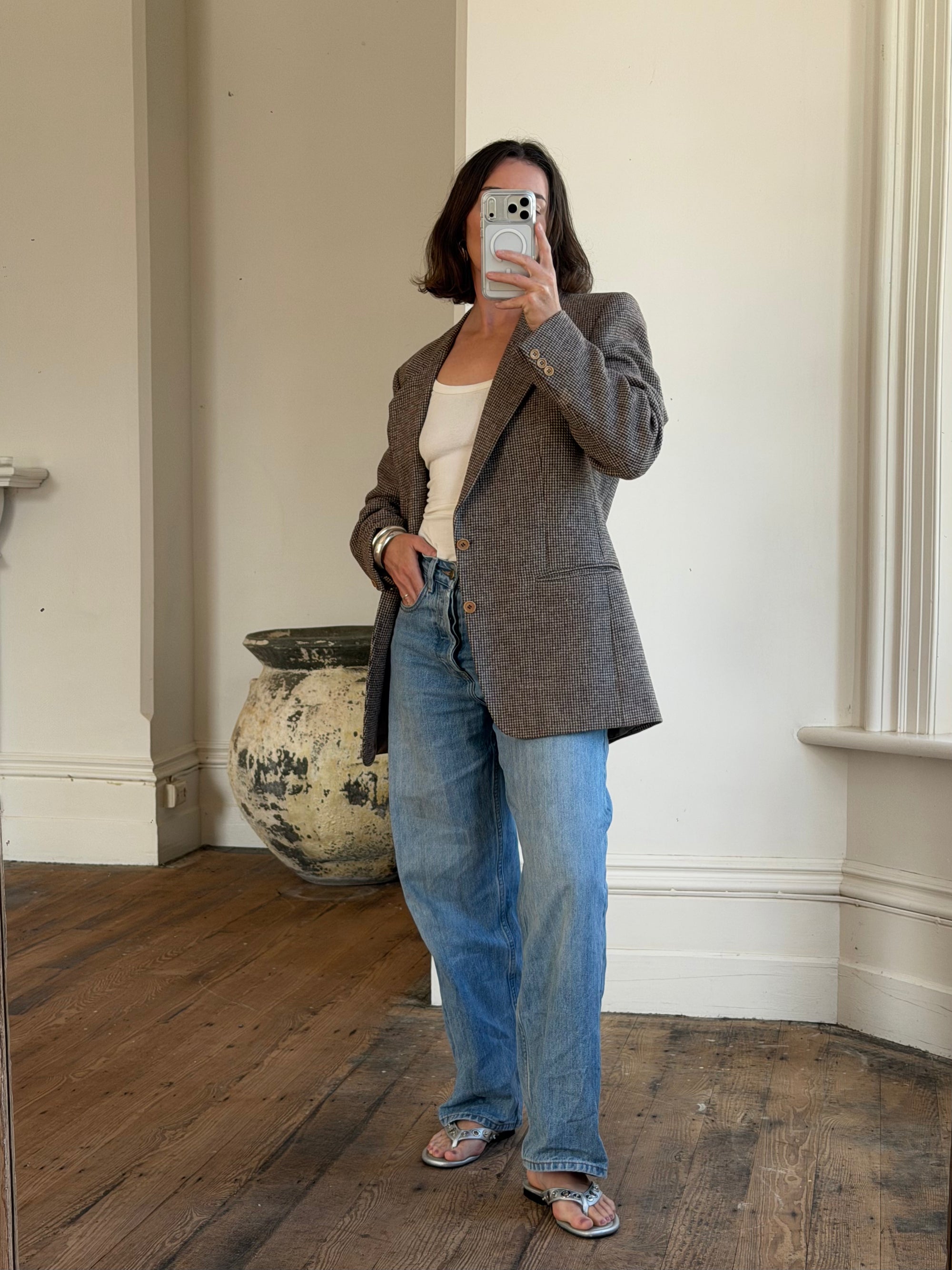 Vintage 60s Wool Mohair Herringbone Blazer Cool Brown