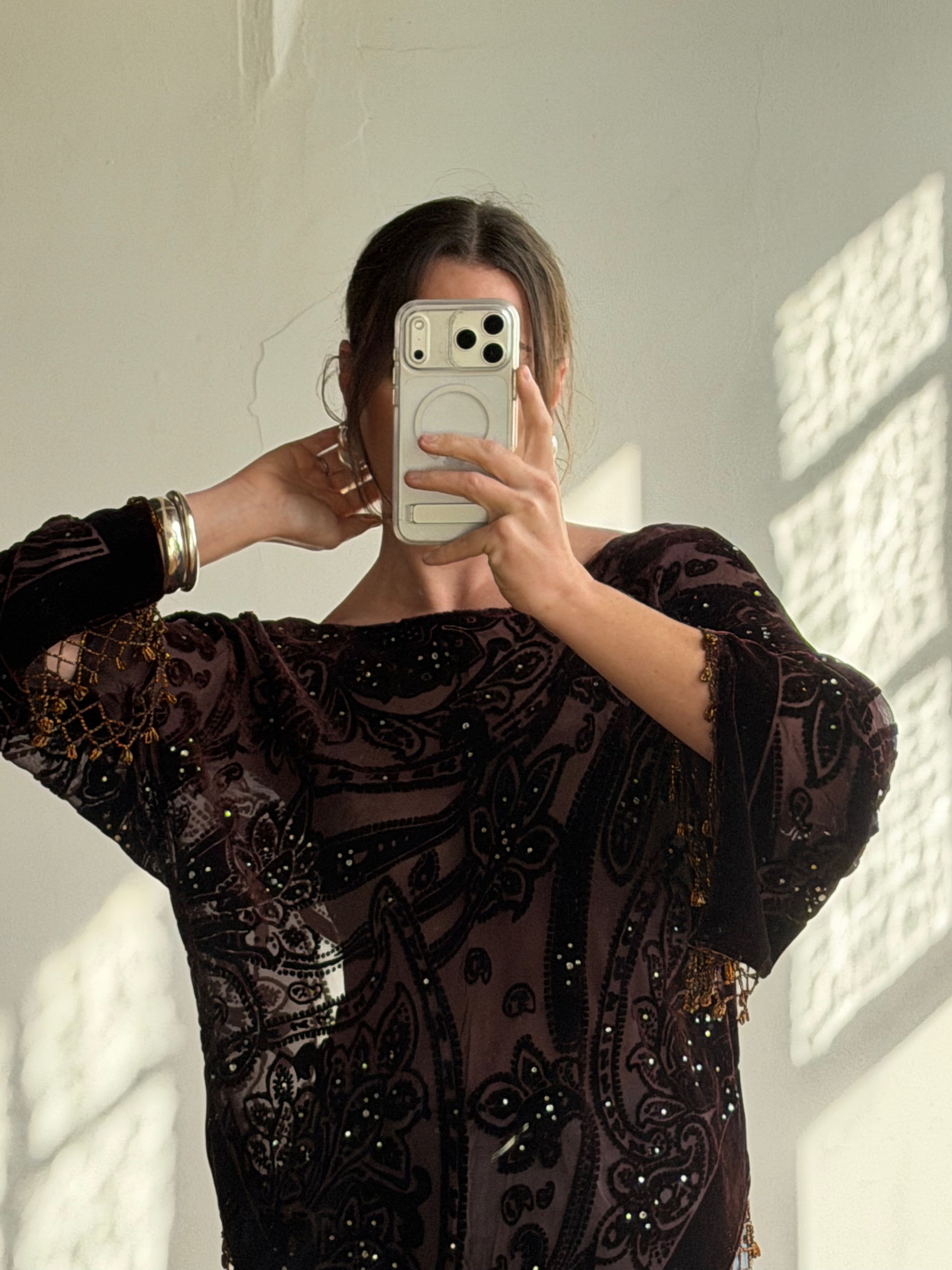 Vintage Y2K Brown Burnt Velvet Beaded Tassel Top