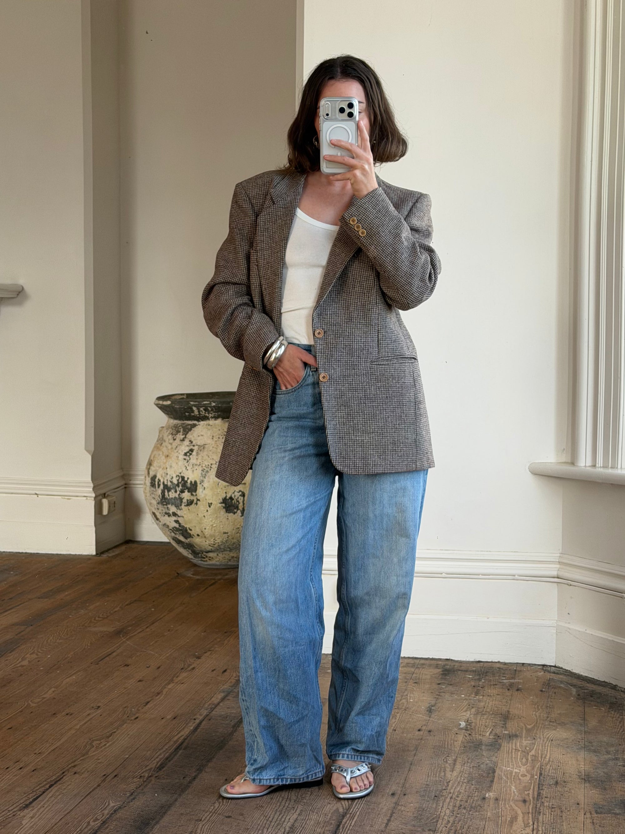 Vintage 60s Wool Mohair Herringbone Blazer Cool Brown