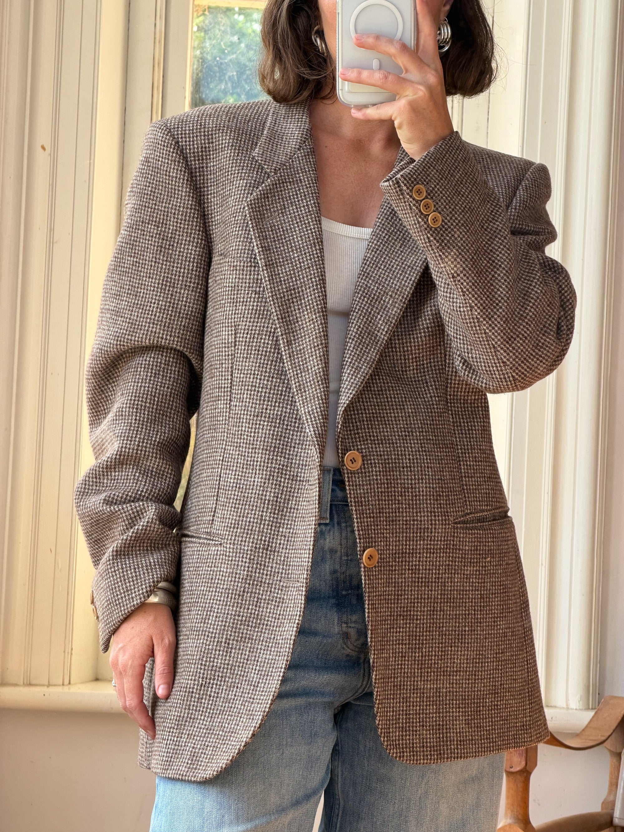 Vintage 60s Wool Mohair Herringbone Blazer Cool Brown