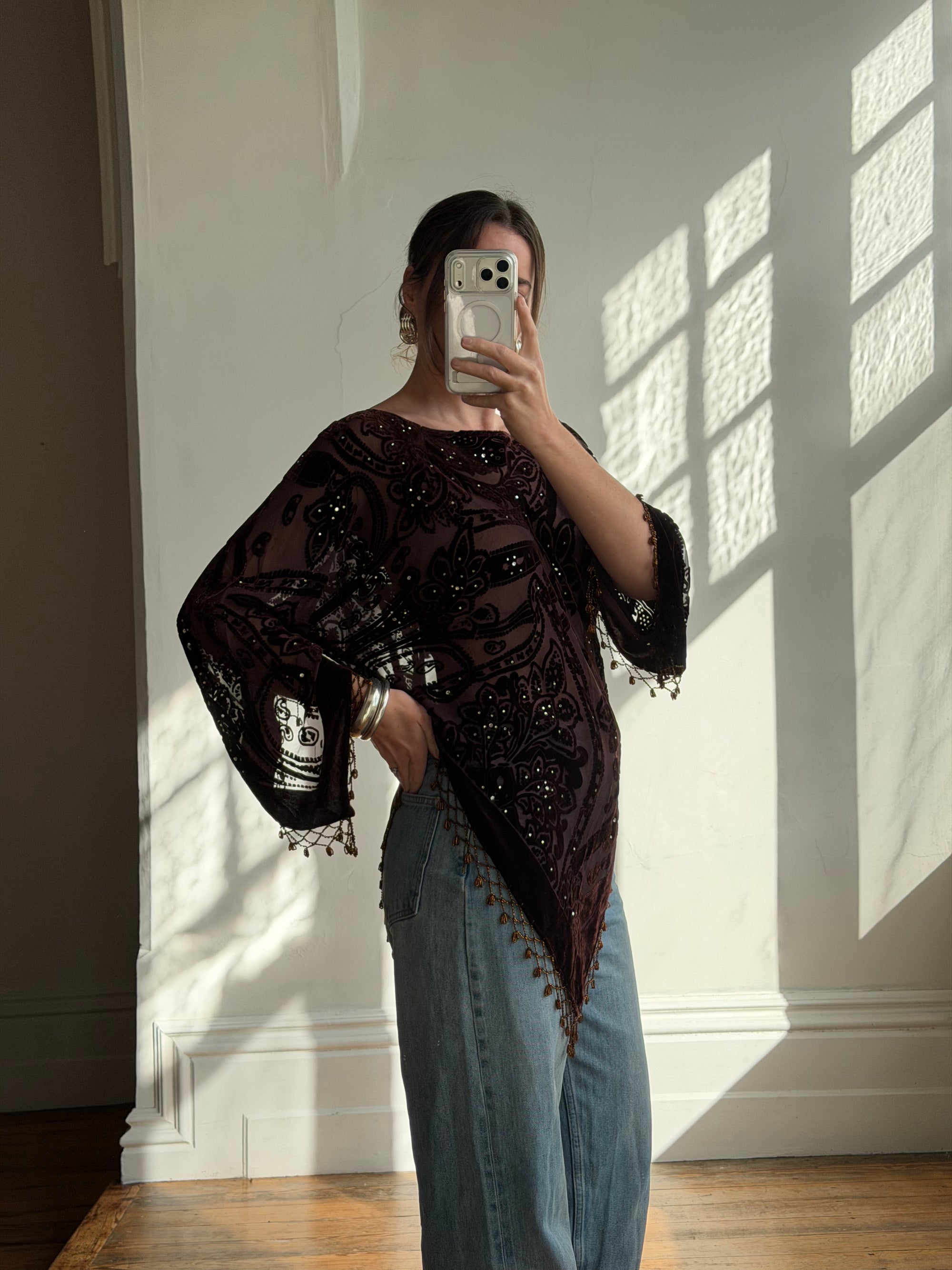 Vintage Y2K Brown Burnt Velvet Beaded Tassel Top