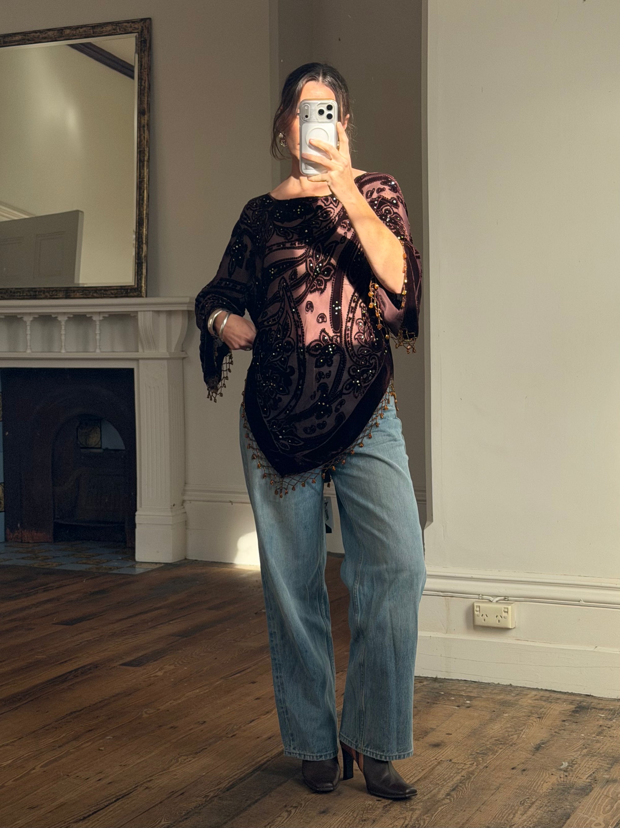 Vintage Y2K Brown Burnt Velvet Beaded Tassel Top