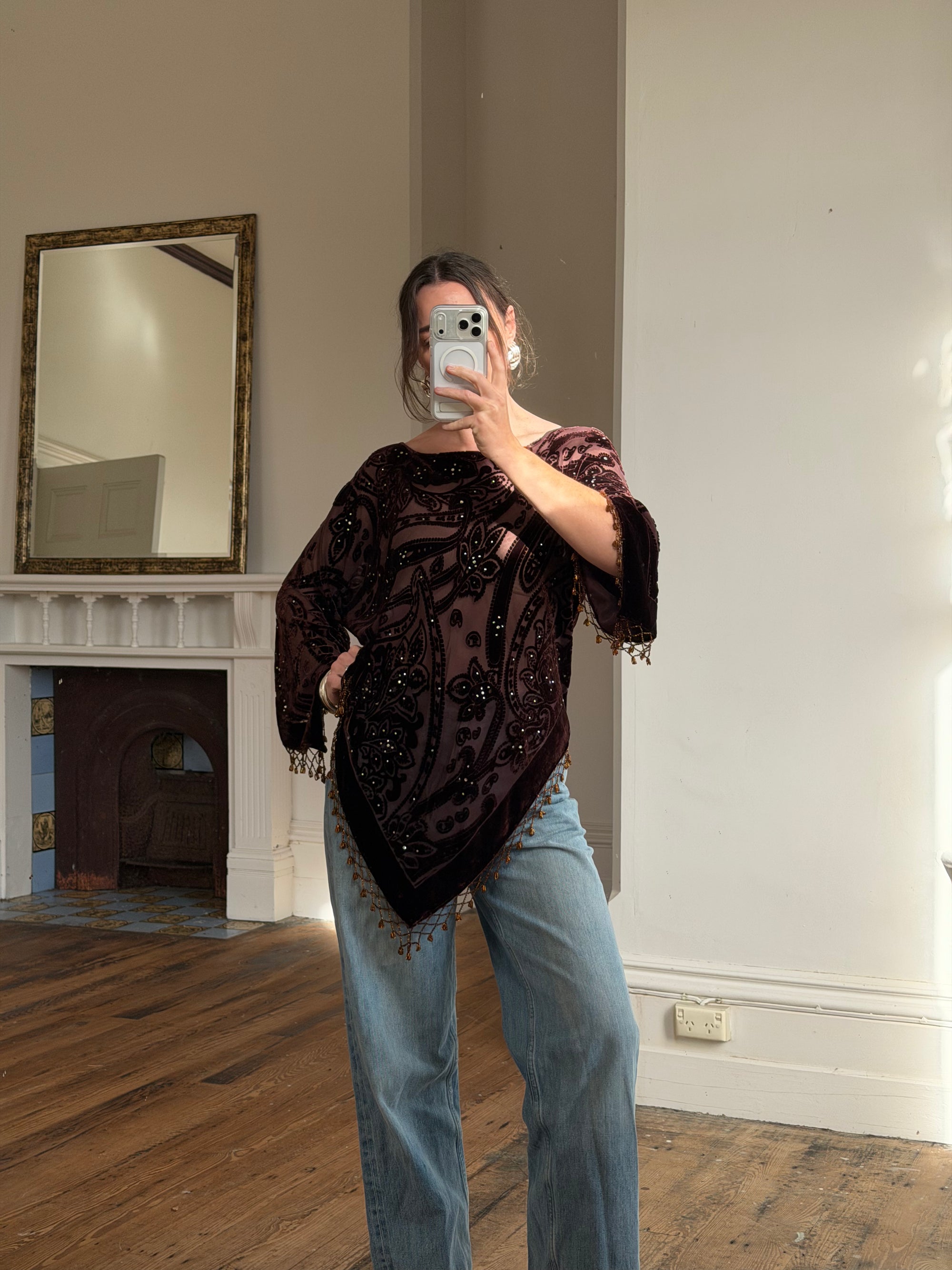 Vintage Y2K Brown Burnt Velvet Beaded Tassel Top