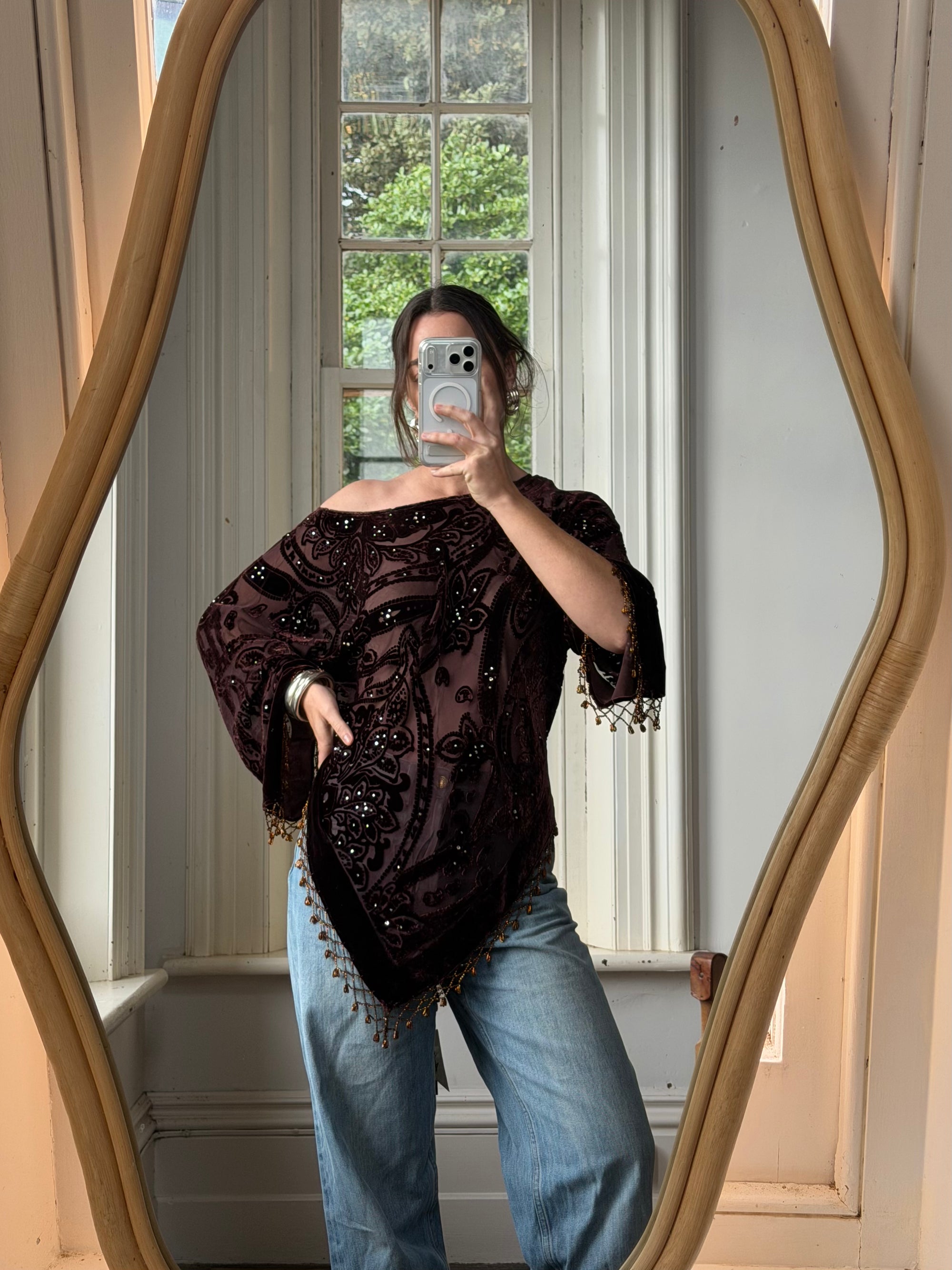Vintage Y2K Brown Burnt Velvet Beaded Tassel Top