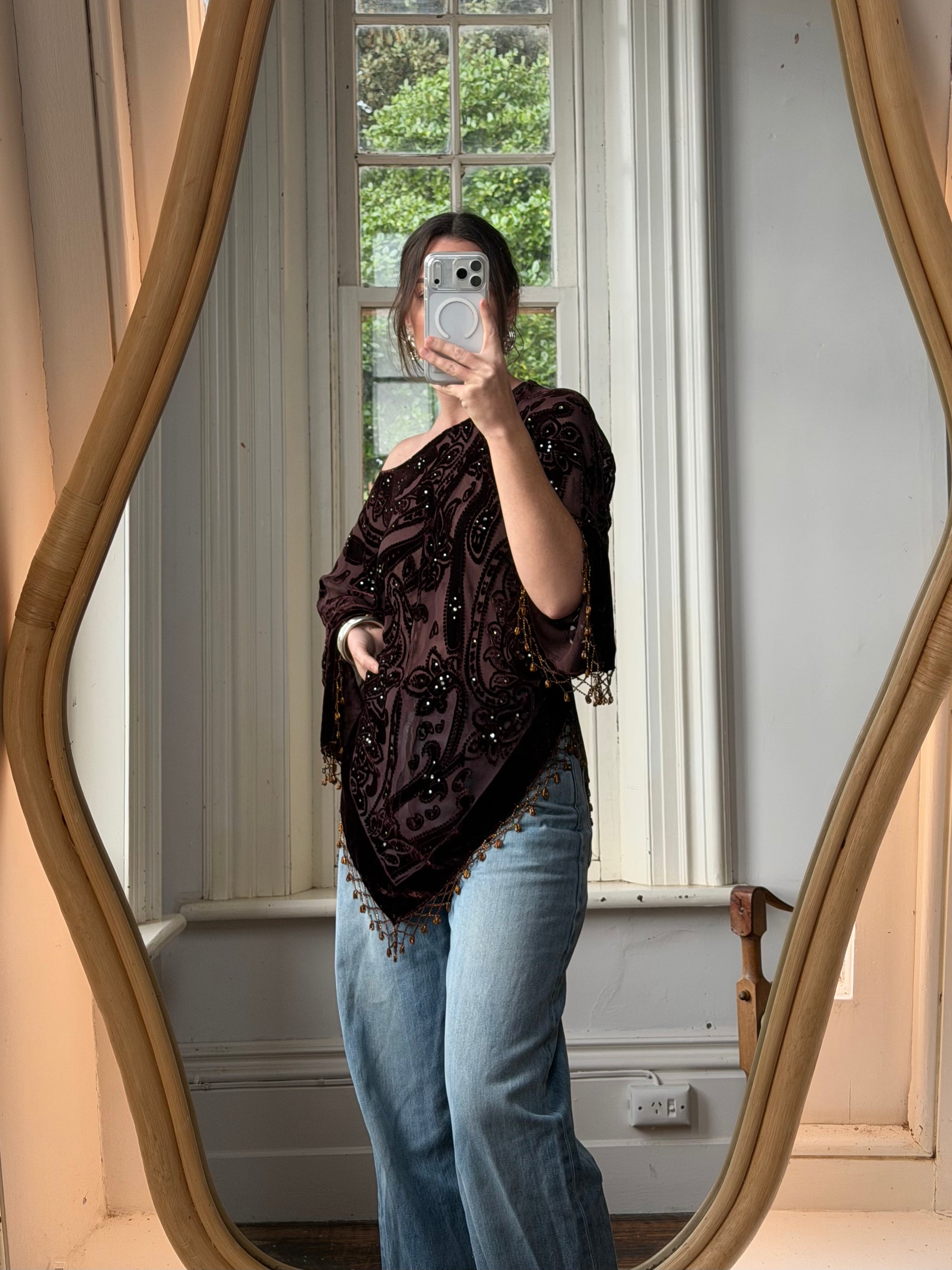 Vintage Y2K Brown Burnt Velvet Beaded Tassel Top