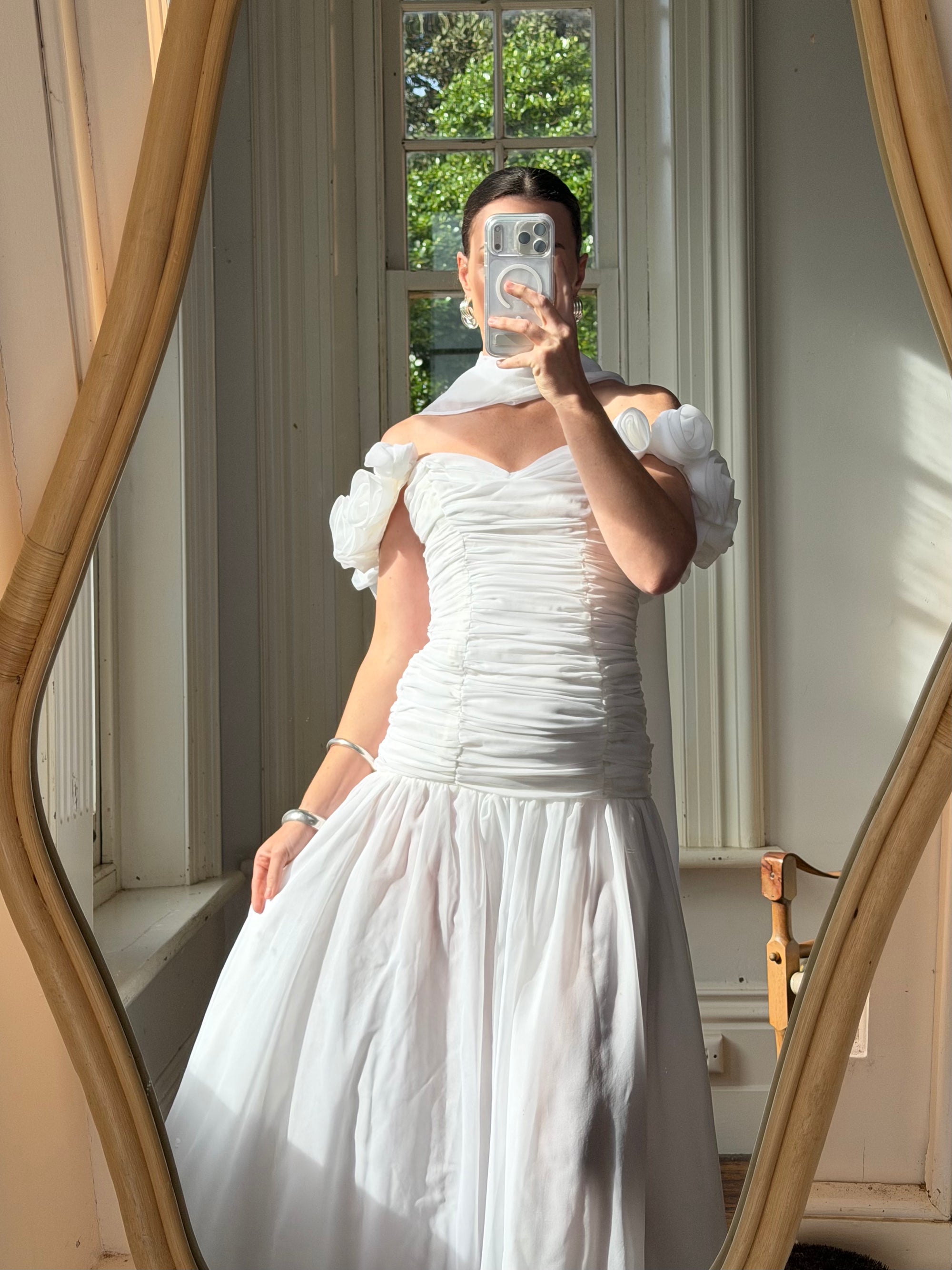Vintage 90s Chiffon Rosette Off-Shoulder Drop Waist Wedding Dress