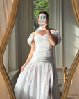 Vintage 90s Chiffon Rosette Off-Shoulder Drop Waist Wedding Dress