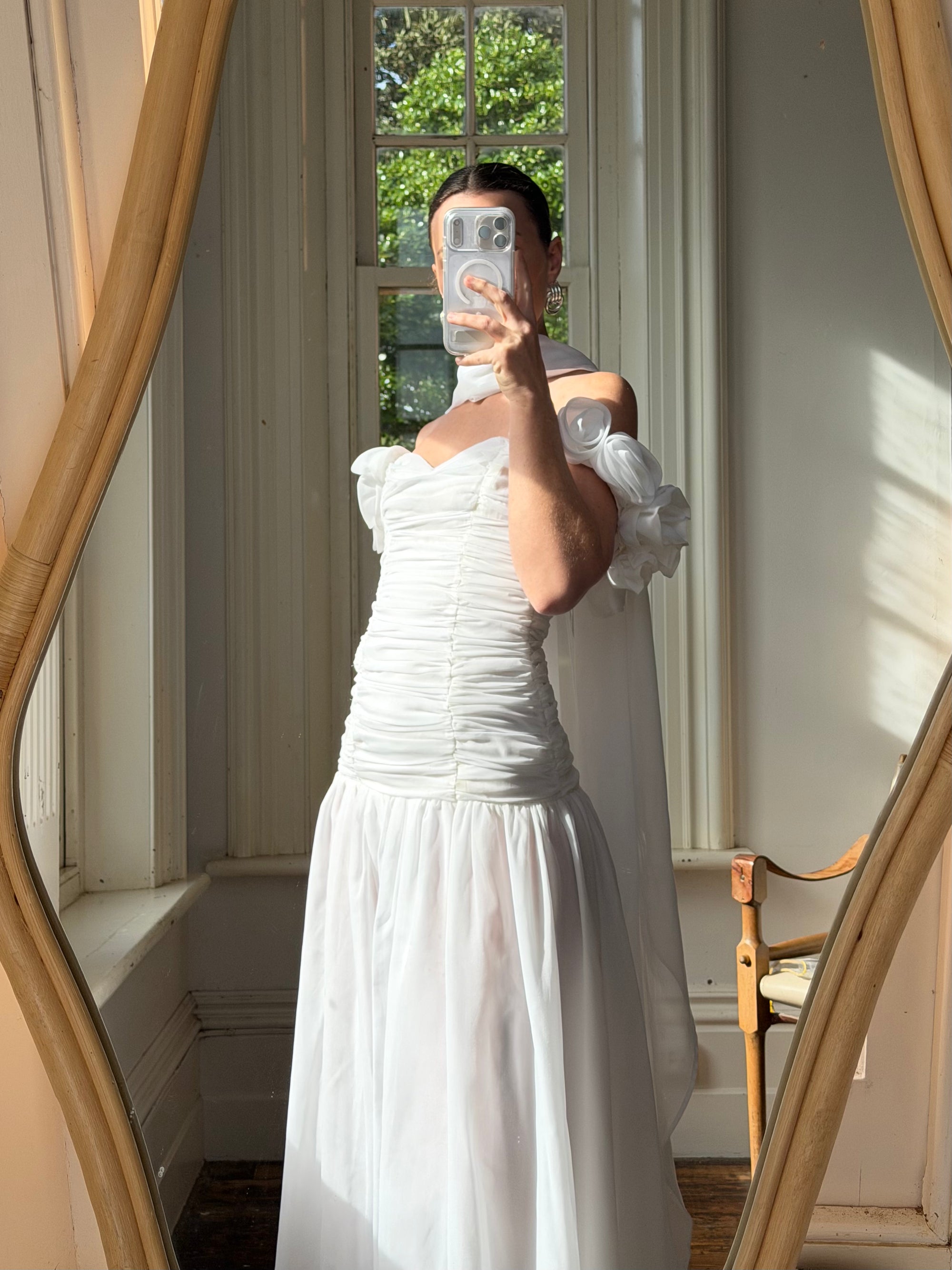 Vintage 90s Chiffon Rosette Off-Shoulder Drop Waist Wedding Dress