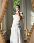 Vintage 90s Chiffon Rosette Off-Shoulder Drop Waist Wedding Dress