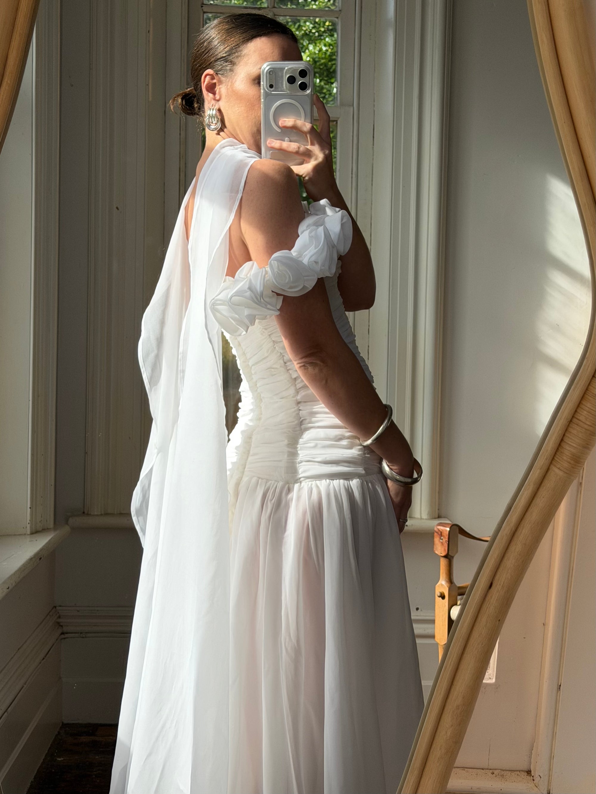 Vintage 90s Chiffon Rosette Off-Shoulder Drop Waist Wedding Dress
