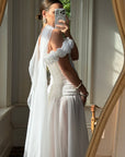 Vintage 90s Chiffon Rosette Off-Shoulder Drop Waist Wedding Dress