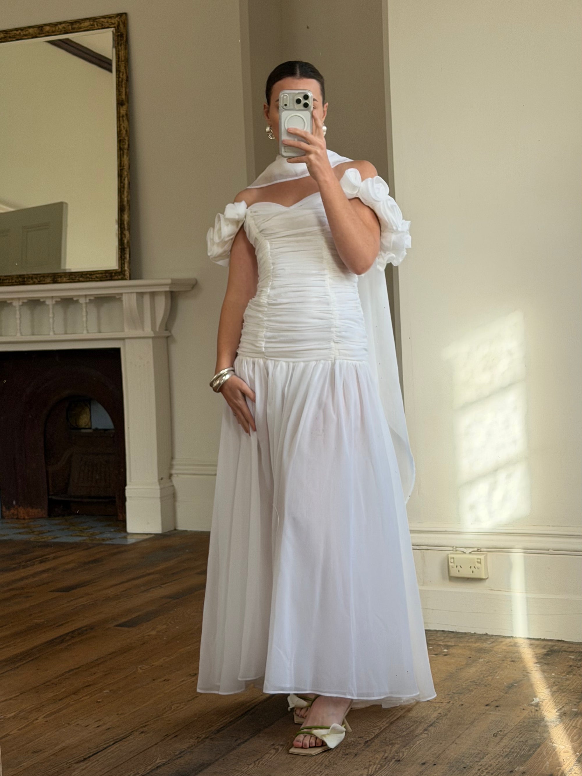 Vintage 90s Chiffon Rosette Off-Shoulder Drop Waist Wedding Dress