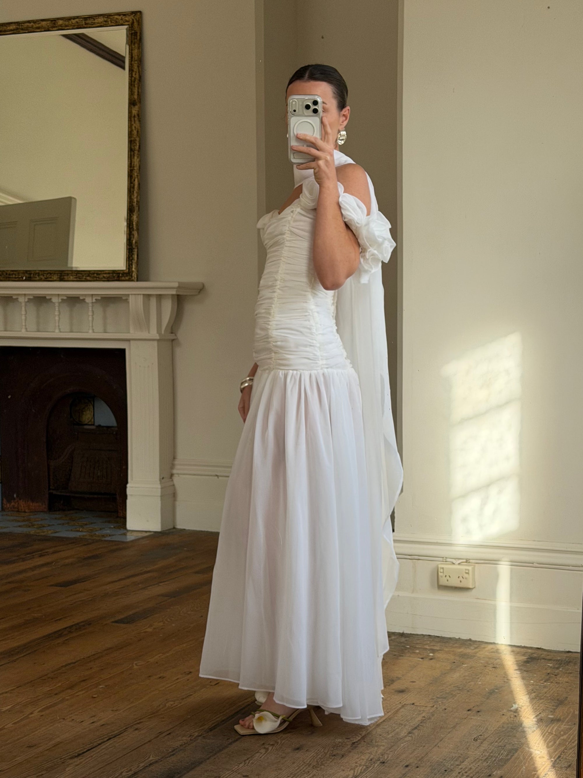 Vintage 90s Chiffon Rosette Off-Shoulder Drop Waist Wedding Dress