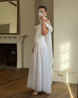 Vintage 90s Chiffon Rosette Off-Shoulder Drop Waist Wedding Dress