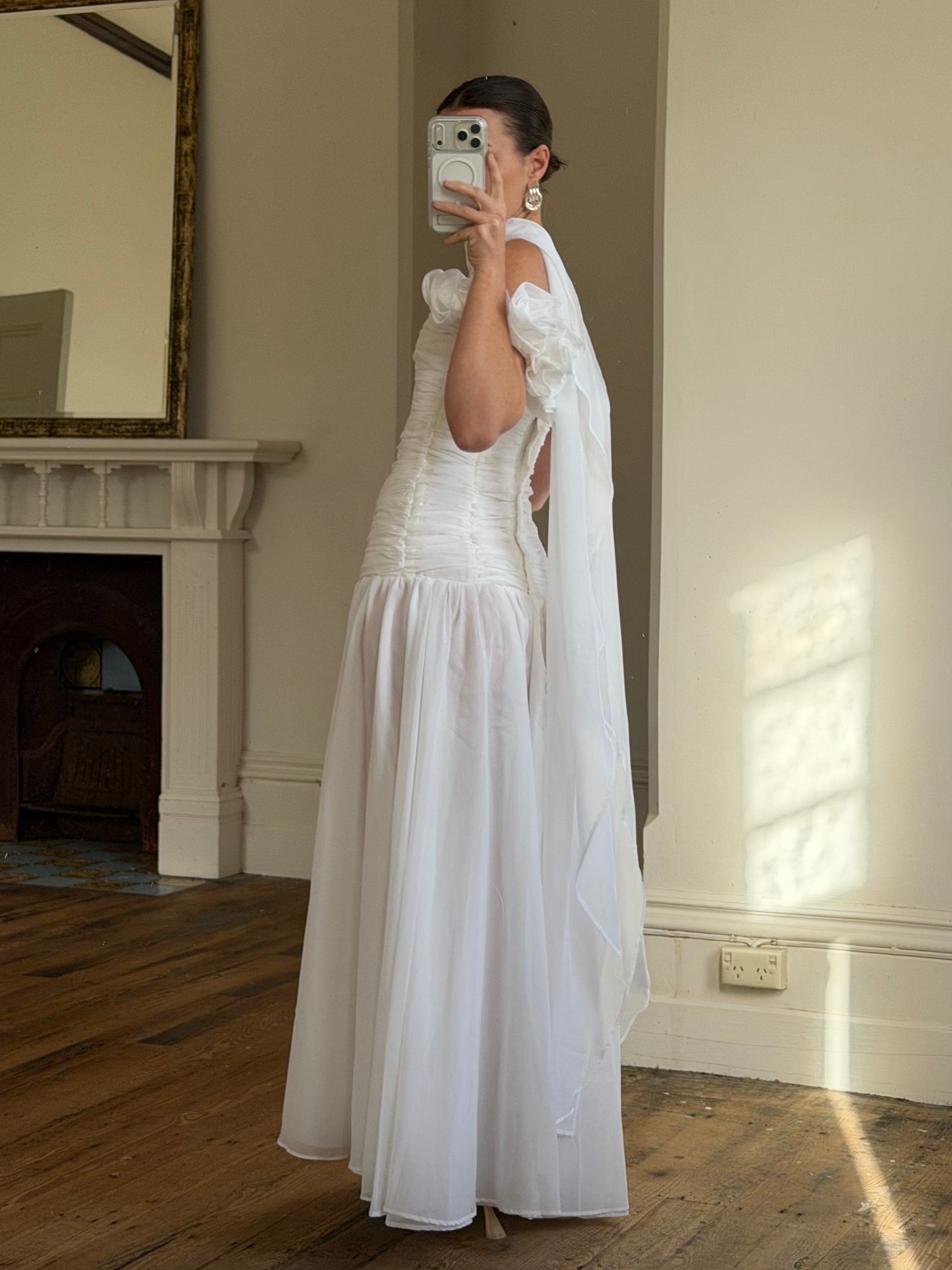 Vintage 90s Chiffon Rosette Off-Shoulder Drop Waist Wedding Dress