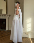 Vintage 90s Chiffon Rosette Off-Shoulder Drop Waist Wedding Dress