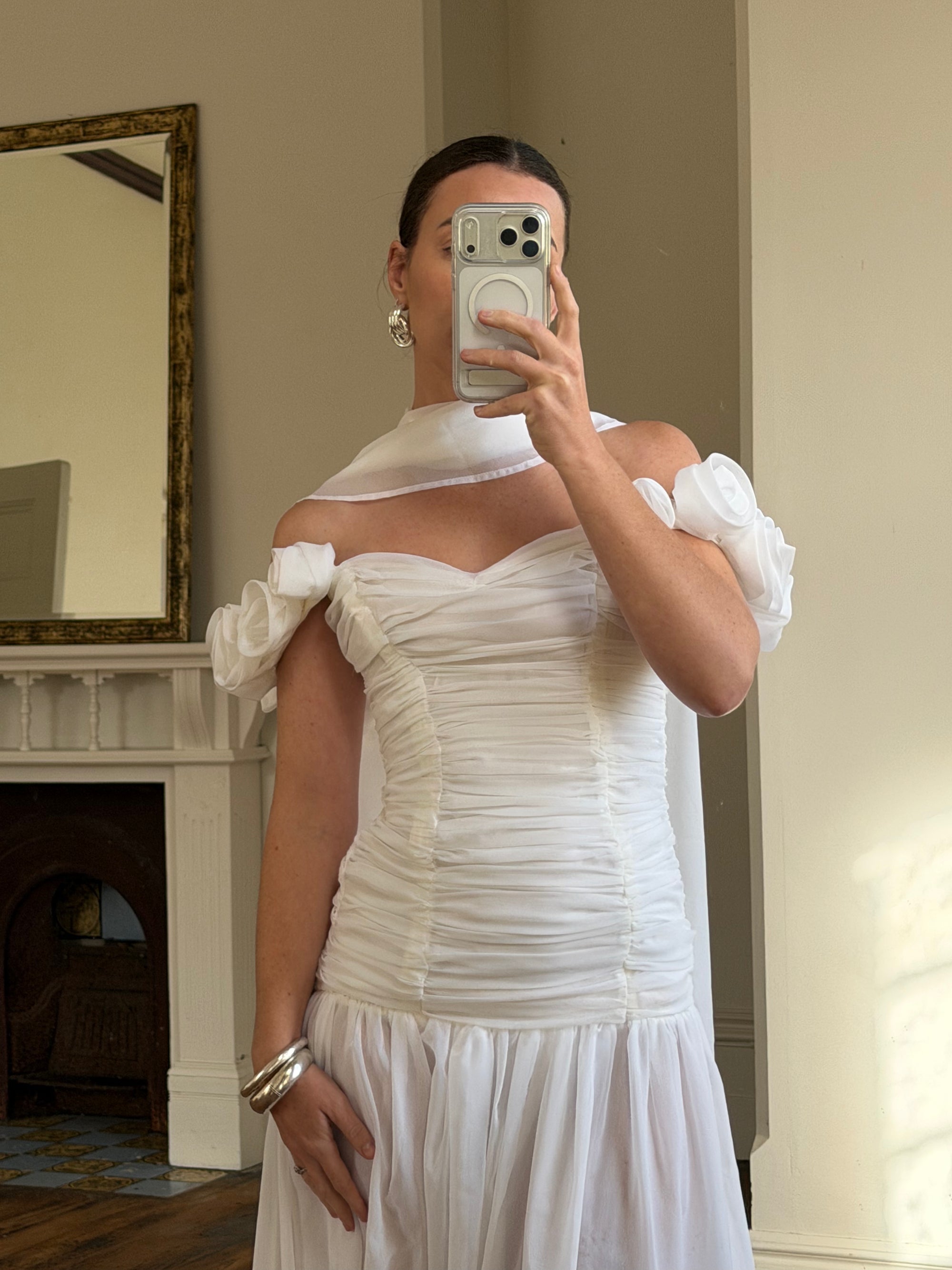 Vintage 90s Chiffon Rosette Off-Shoulder Drop Waist Wedding Dress