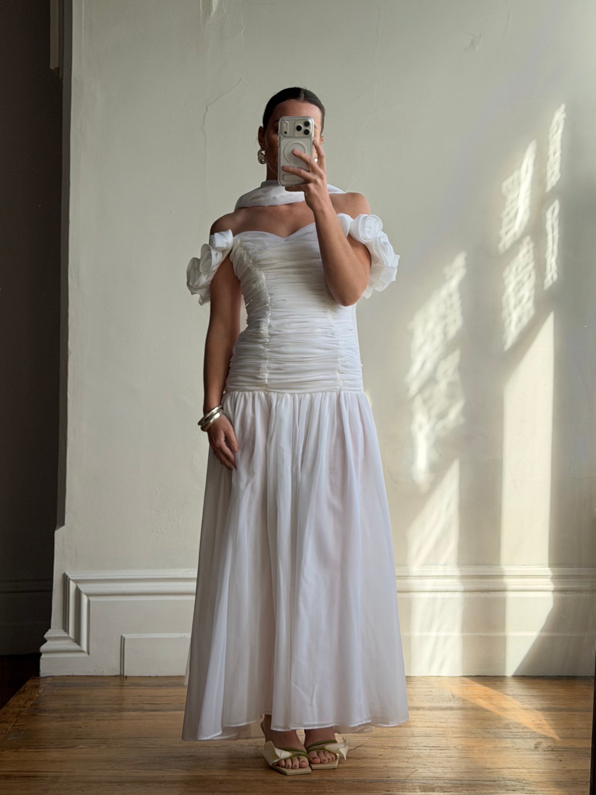 Vintage 90s Chiffon Rosette Off-Shoulder Drop Waist Wedding Dress