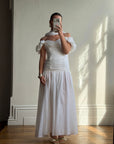 Vintage 90s Chiffon Rosette Off-Shoulder Drop Waist Wedding Dress