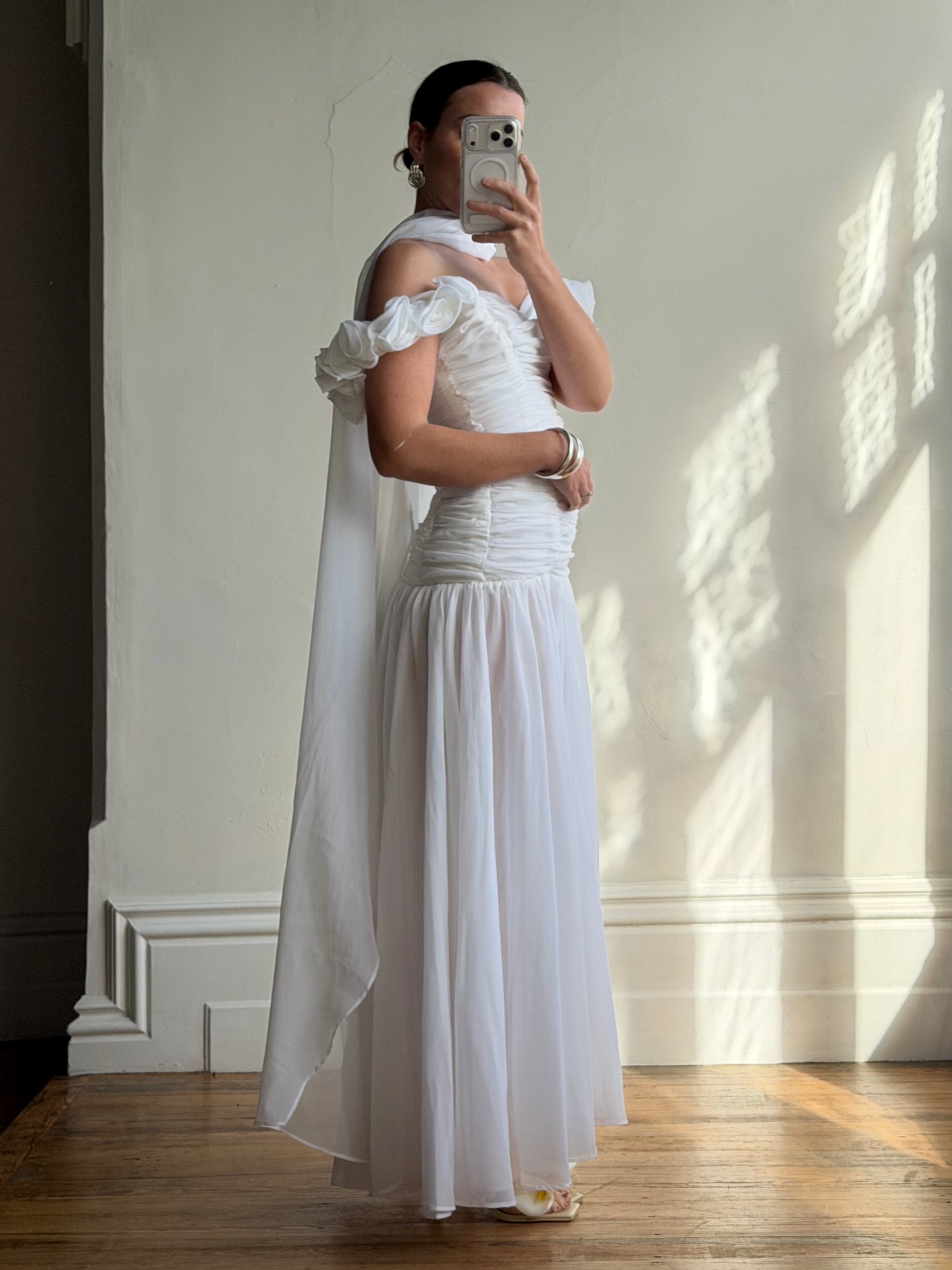 Vintage 90s Chiffon Rosette Off-Shoulder Drop Waist Wedding Dress