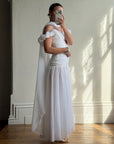 Vintage 90s Chiffon Rosette Off-Shoulder Drop Waist Wedding Dress