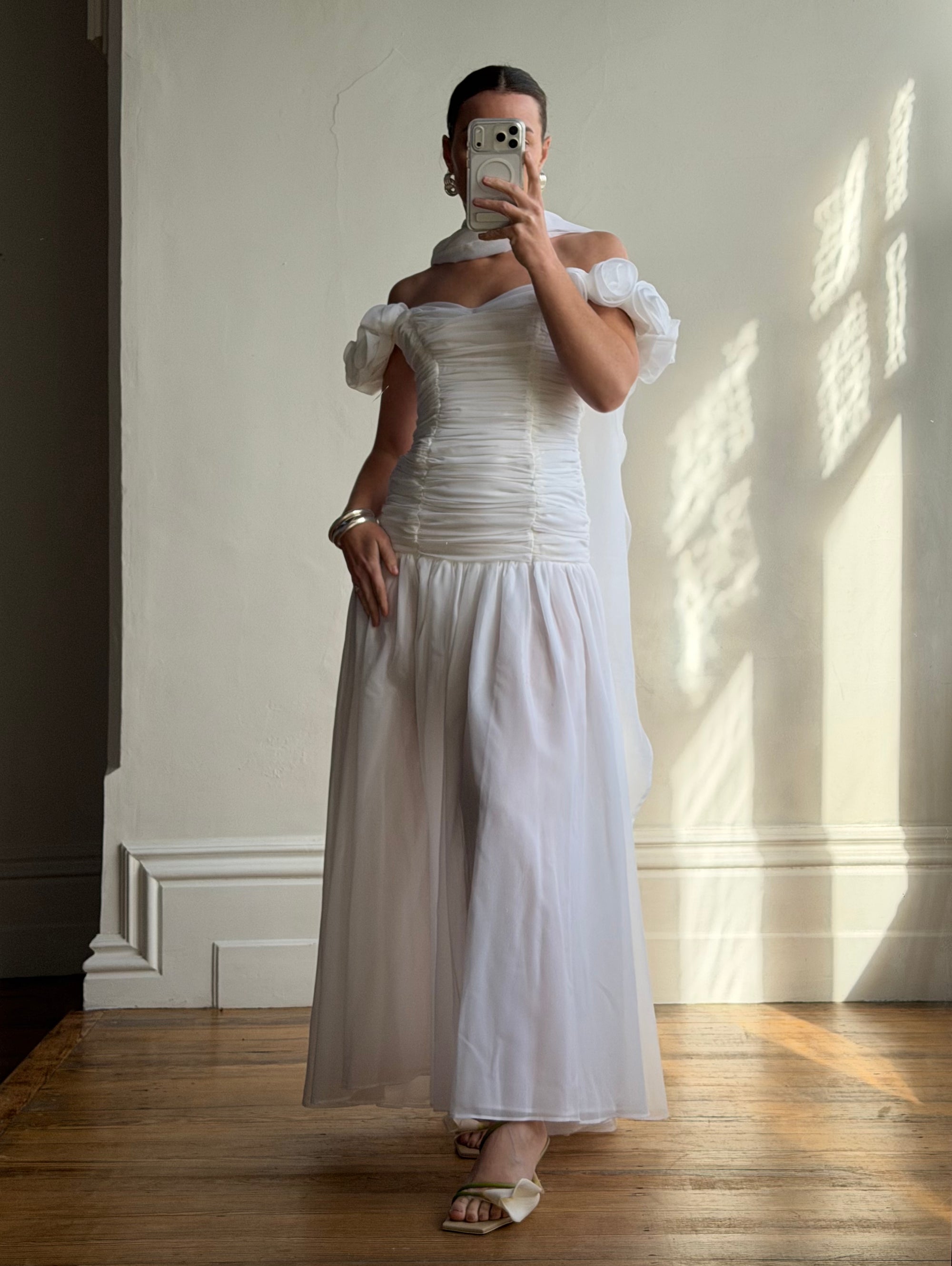 Vintage 90s Chiffon Rosette Off-Shoulder Drop Waist Wedding Dress