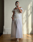 Vintage 90s Chiffon Rosette Off-Shoulder Drop Waist Wedding Dress