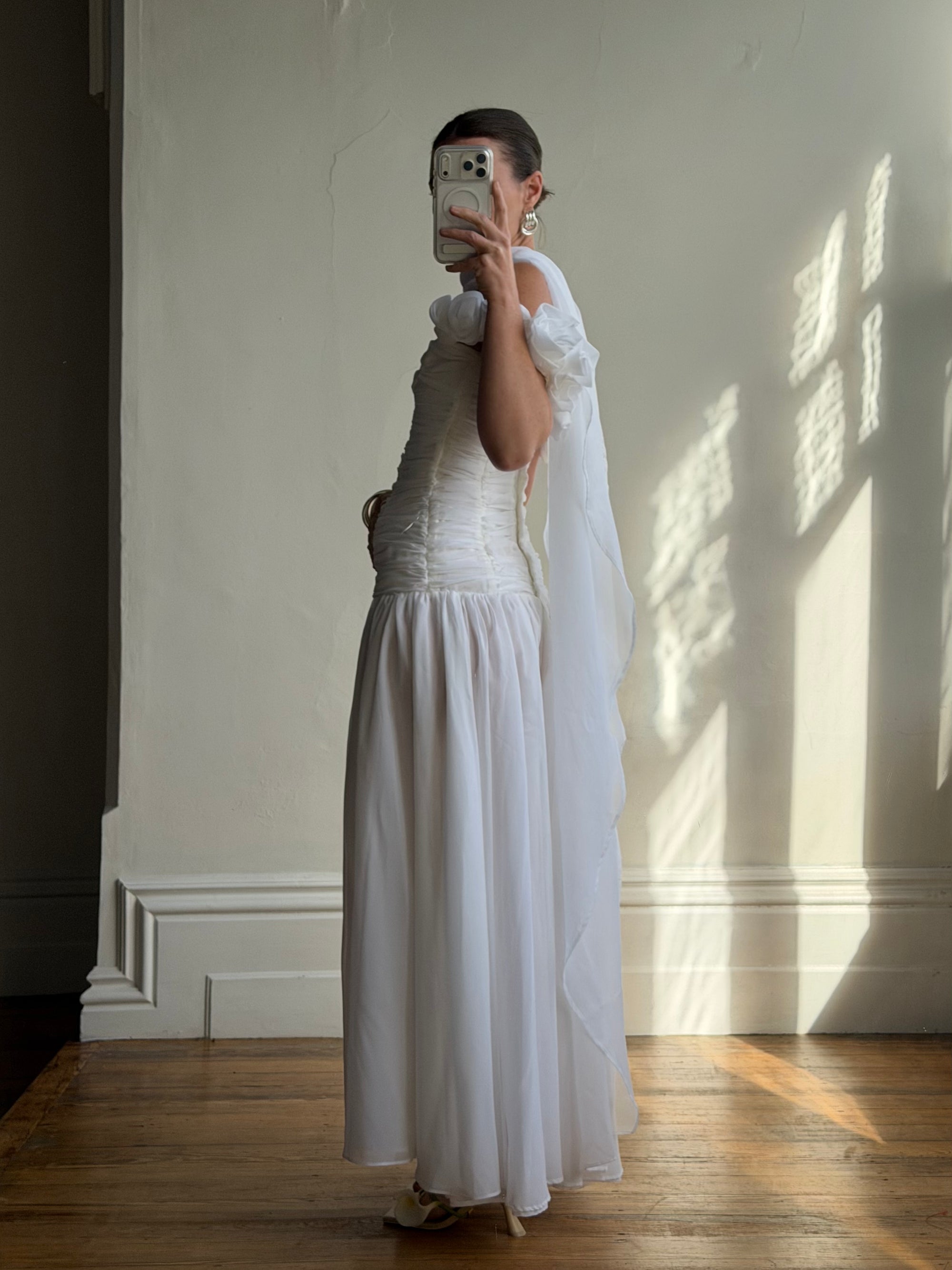 Vintage 90s Chiffon Rosette Off-Shoulder Drop Waist Wedding Dress